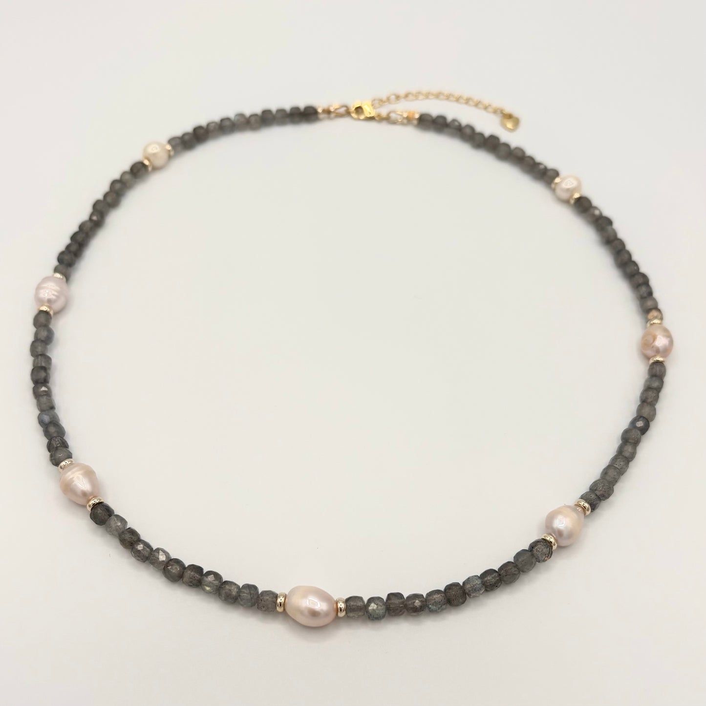 Labradorite & Freshwater Pearl Necklace with Gold-Filled Spacers – 19”
