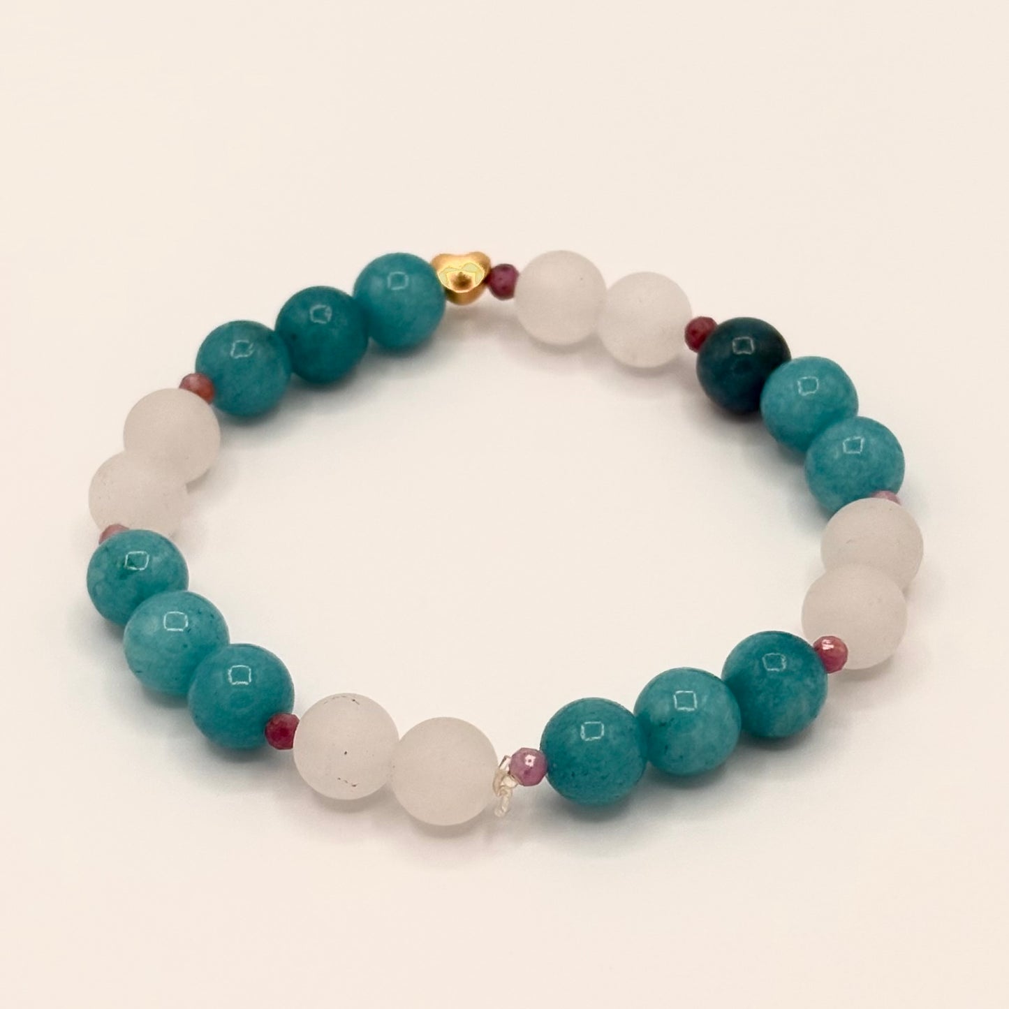 Blue Quartz, Tourmaline & White Jade Stretch Bracelet with 18k Gold-Filled Heart Spacer