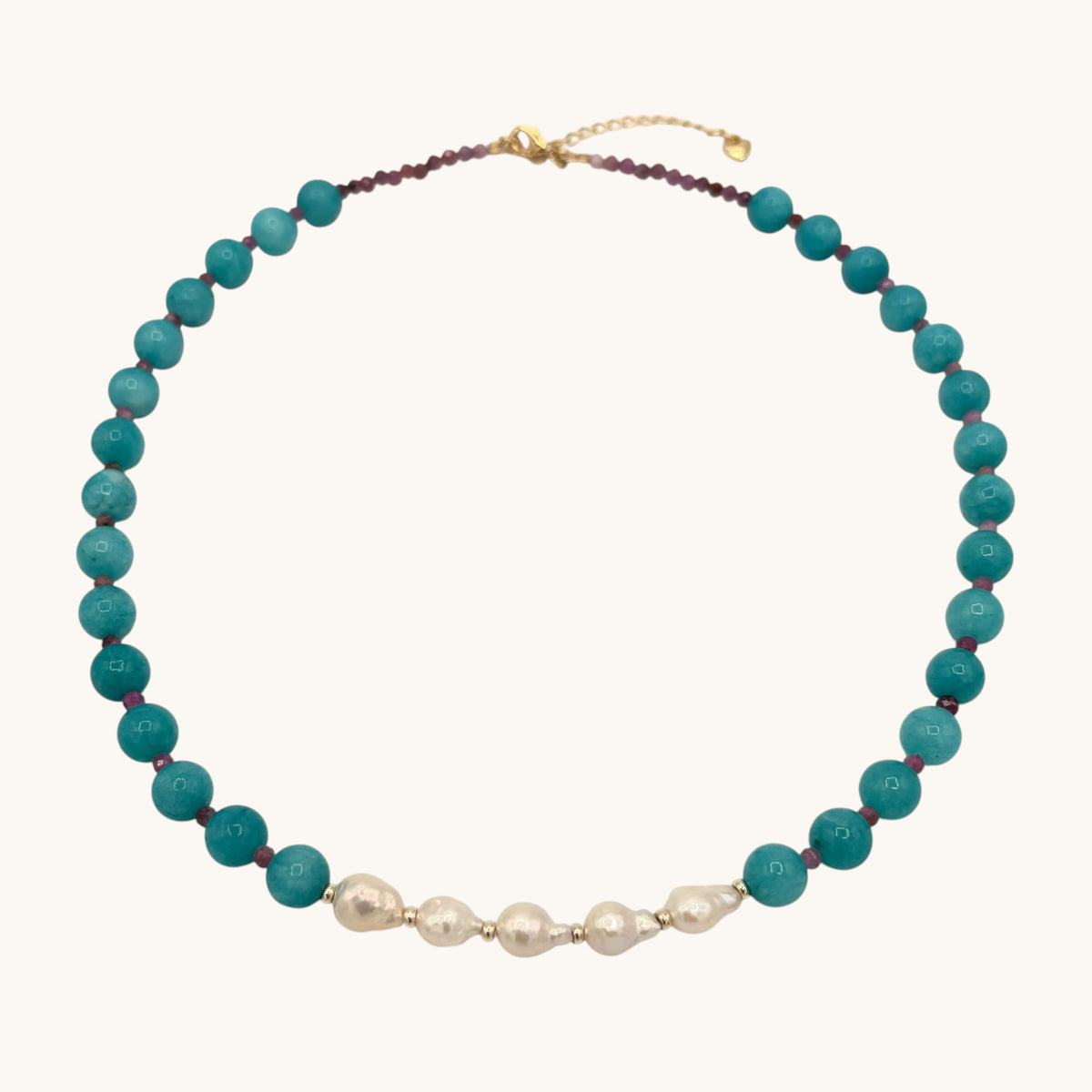 Blue Quartz & Pink Tourmaline Necklace with Freshwater Pearl Center – 17”