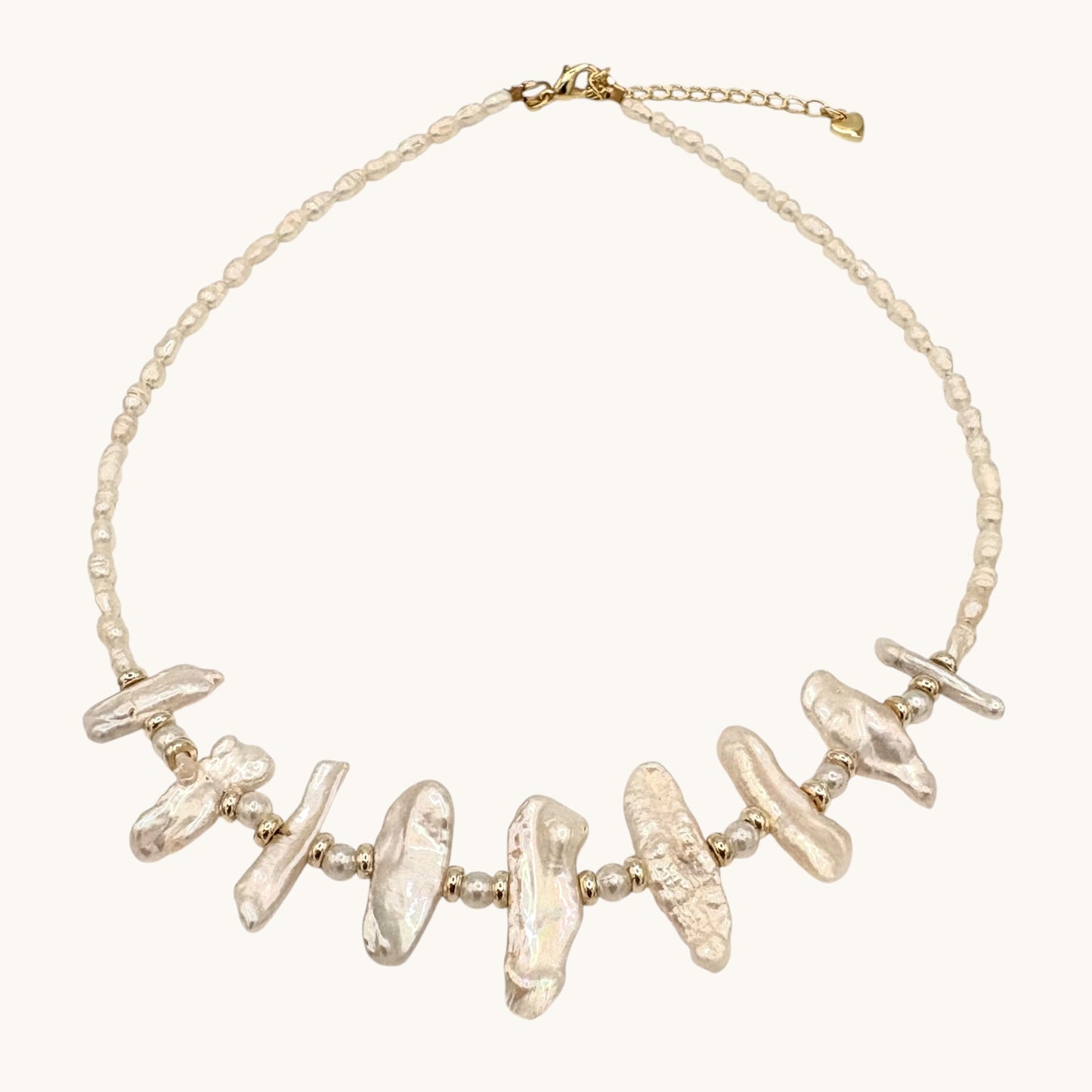 Freshwater Potato & Stick Pearl Necklace with Gold-Filled Puffy Heart Extender (14.5–16.5”)