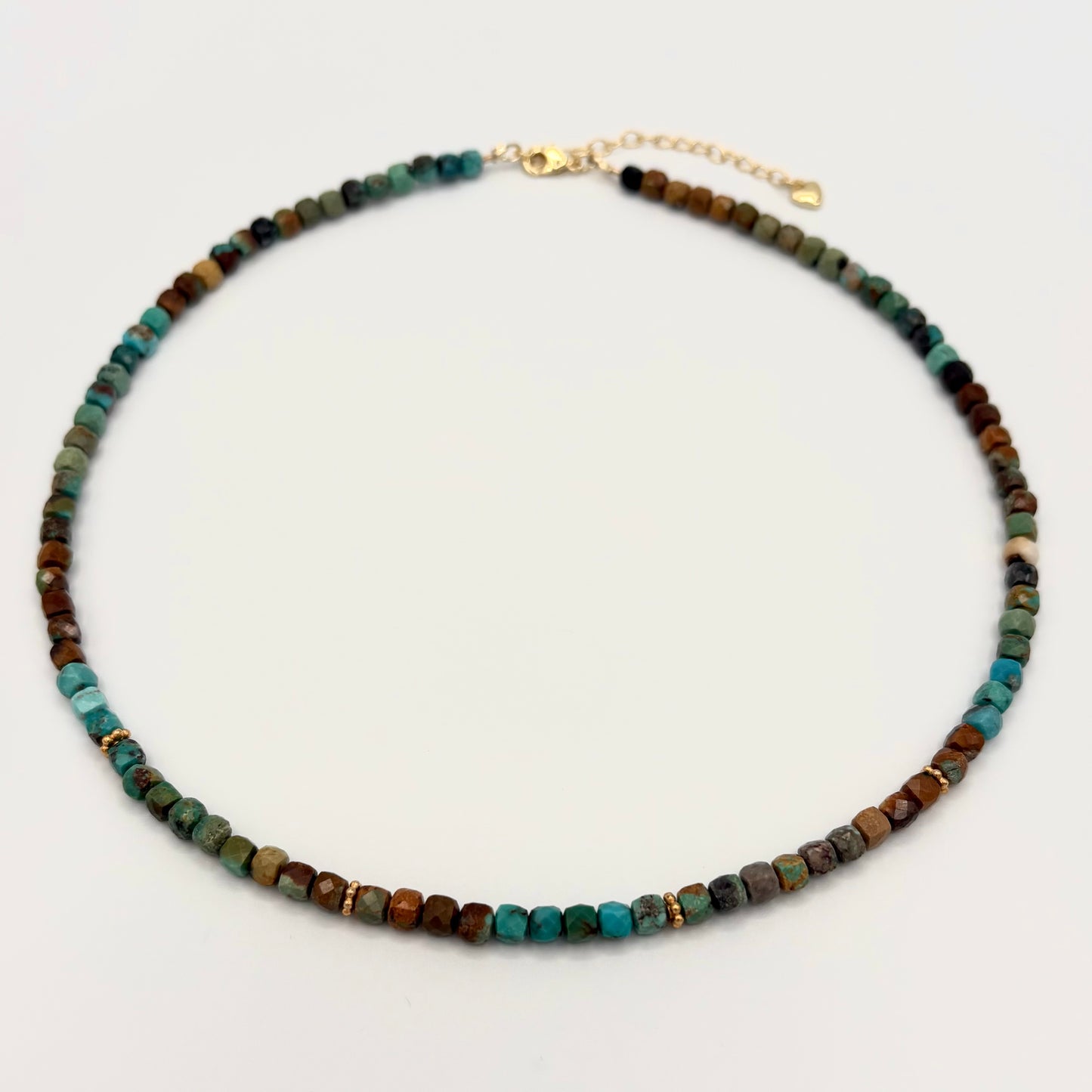 Earth Tones Faceted Turquoise Necklace with Gold Vermeil Daisy Spacers & Heart Extender (16–18”)