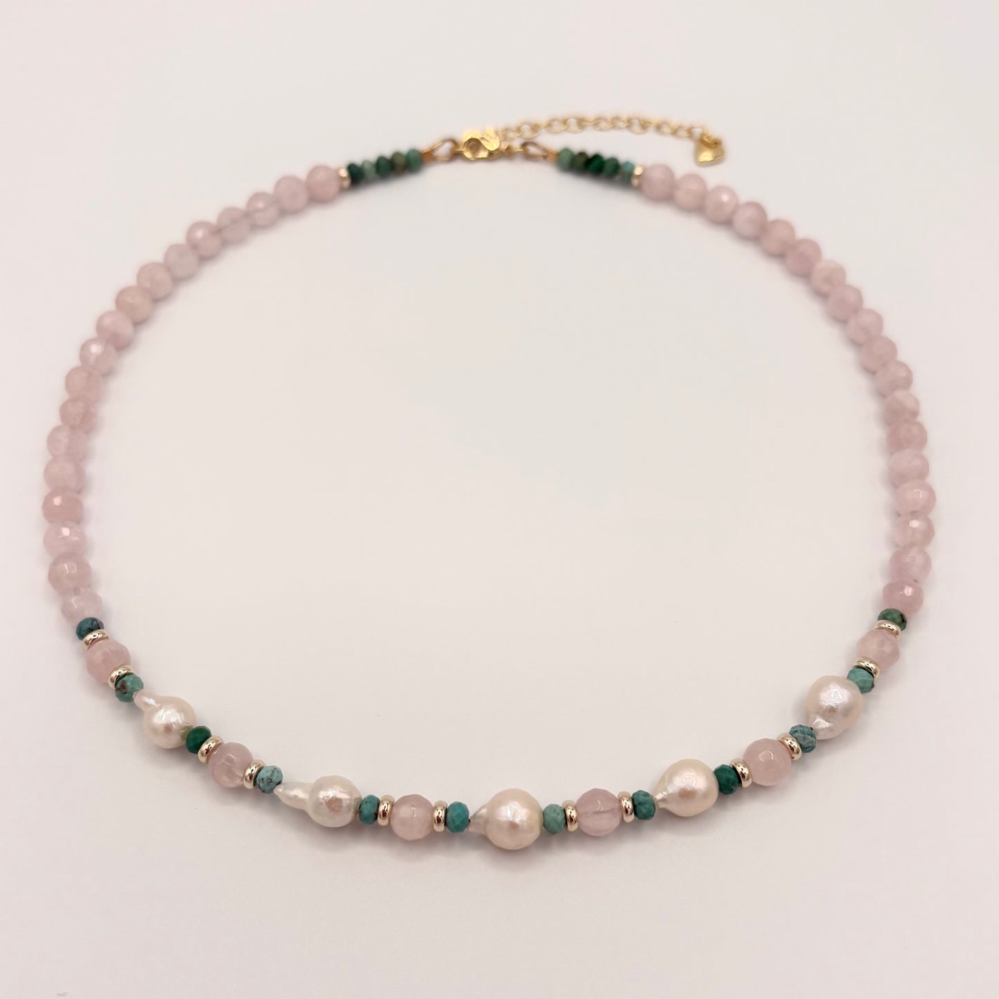 Rose Quartz & Turquoise Necklace | Freshwater Pearls & 18K Gold-Filled Details