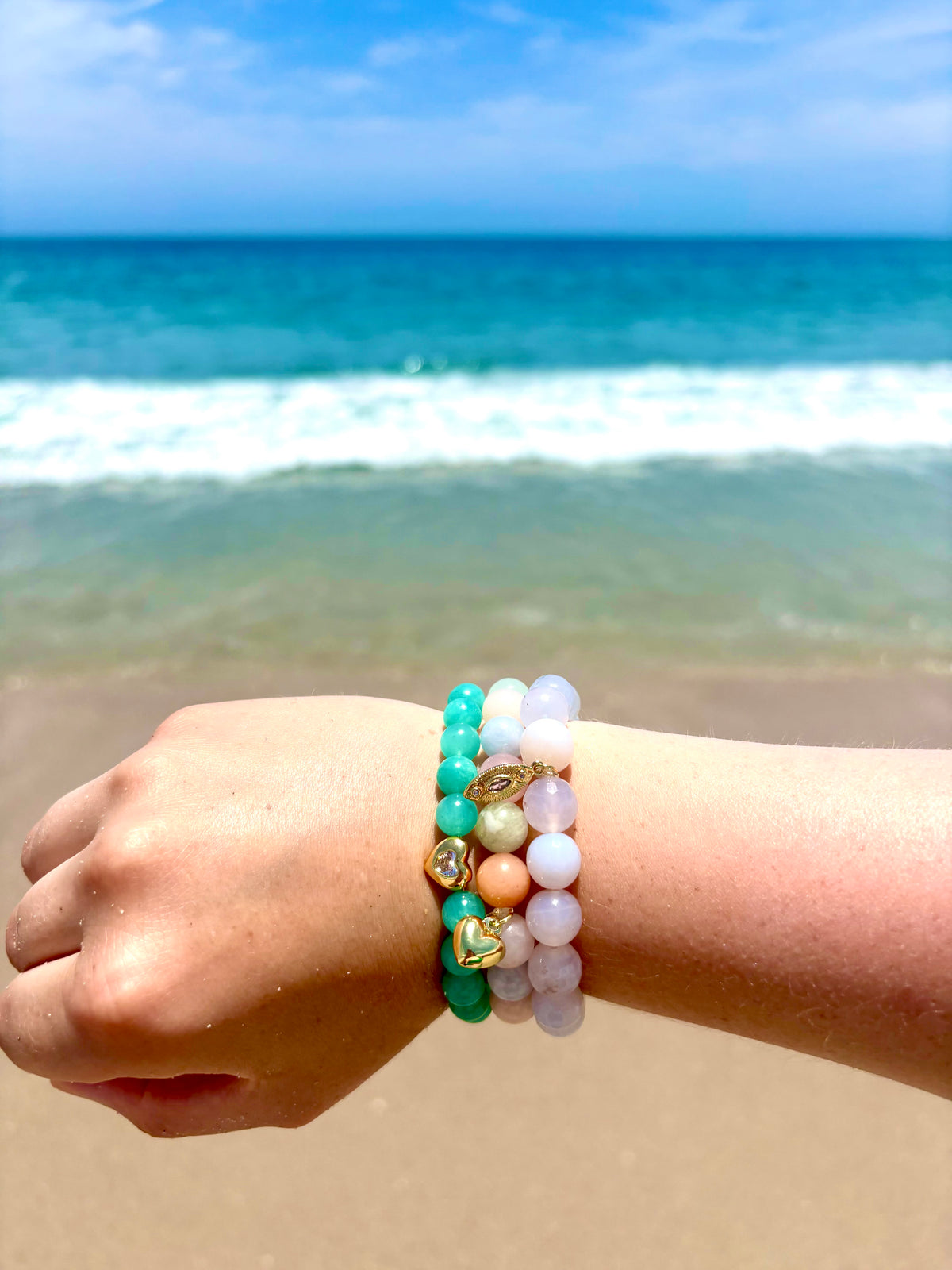 Blue Lace Agate Evil Eye Stretch Bracelet | 24K Gold Filled Charm