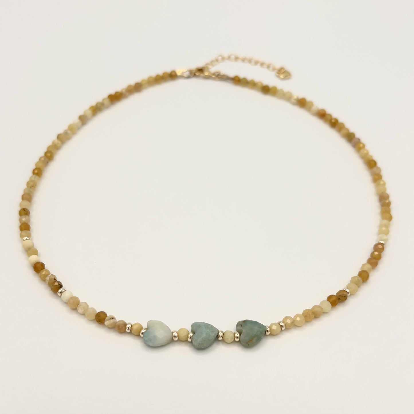 African Yellow Opal Necklace with Amazonite Heart Accents & Gold-Filled Puffy Heart Extender (15–17”)