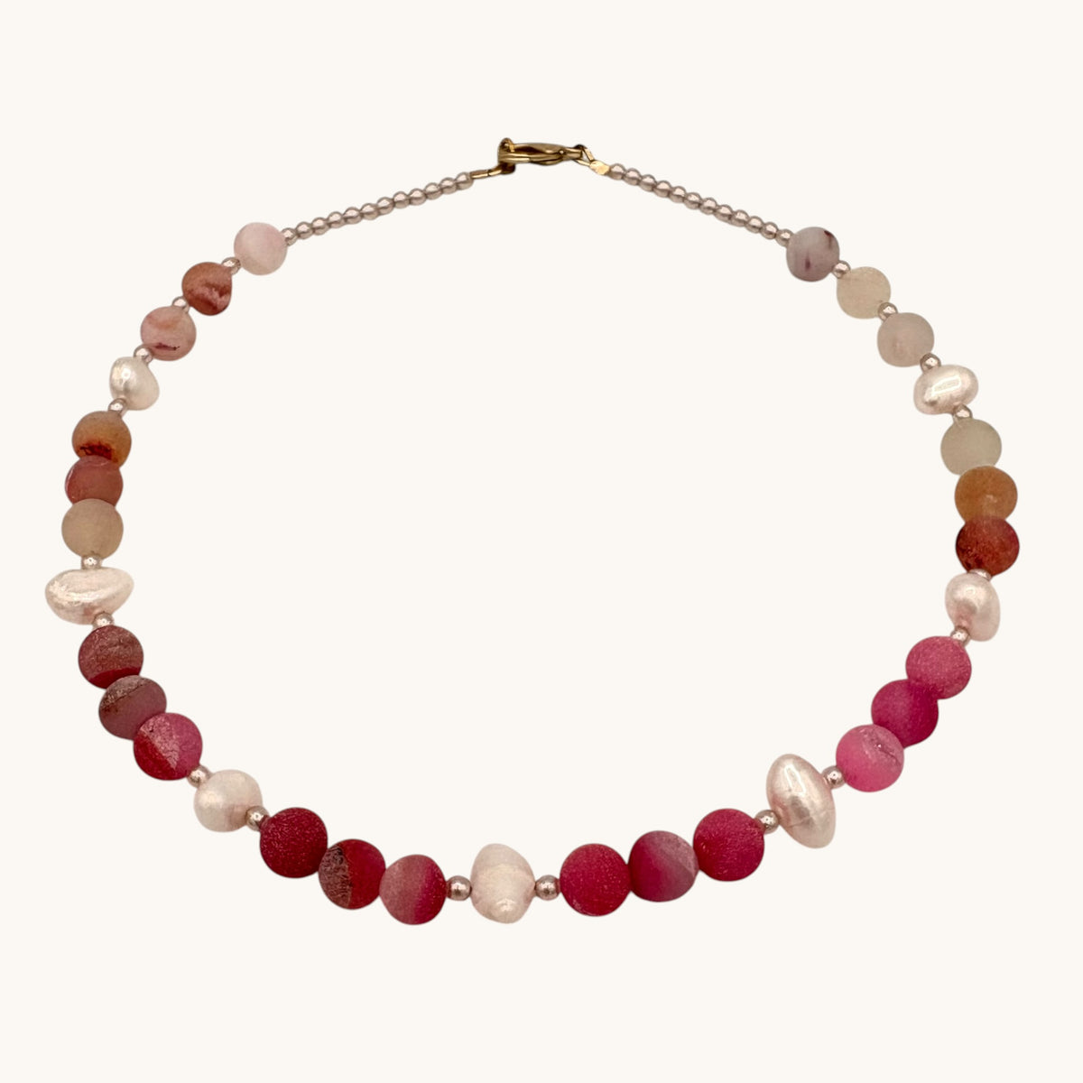 Pink Druzy Agate & Freshwater Pearl Necklace with Tiny Pearl Spacers and Gold-Plated Findings (16”)