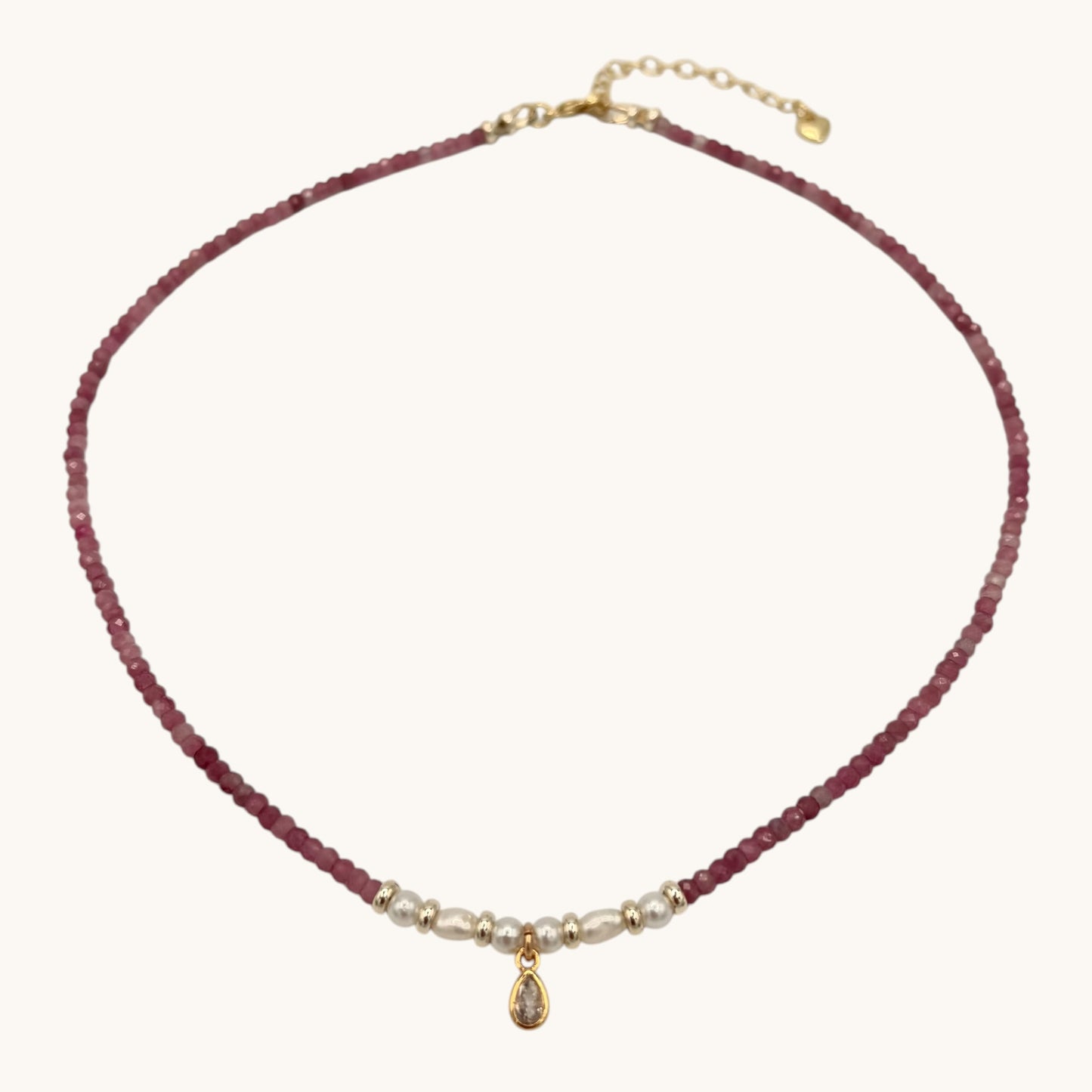 Pink Tourmaline & Freshwater Pearl Necklace with Gold-Filled Teardrop Charm – 15” & 17” Options