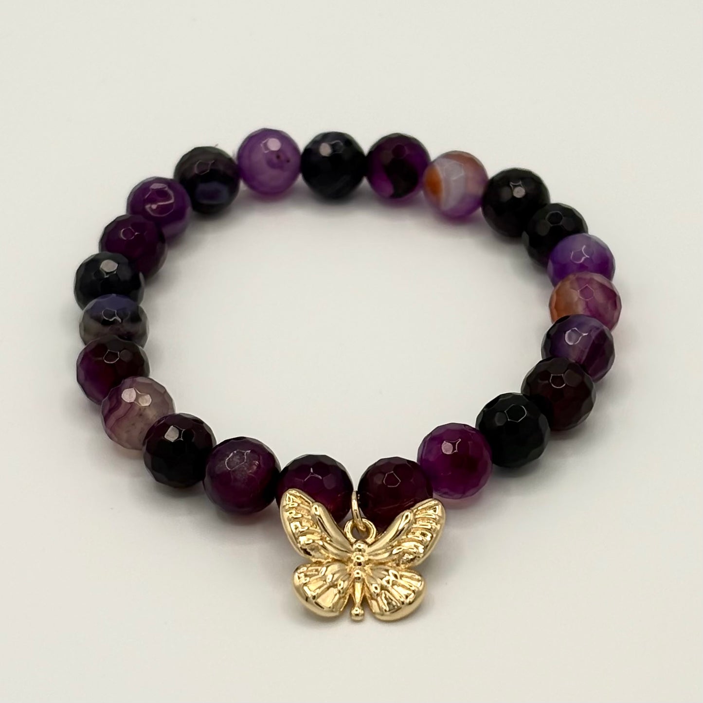 Amethyst Stretch Bracelet with 24k Gold-Filled Butterfly Charm