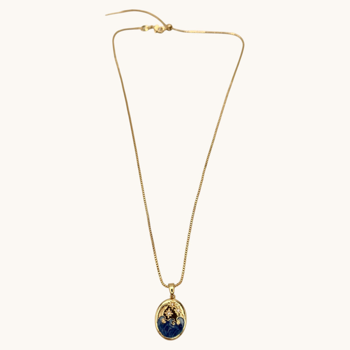 24K Gold-Filled Adjustable Chain Necklace with 18K Enamel Moon, Star & Sea Pendant (Clear CZ)