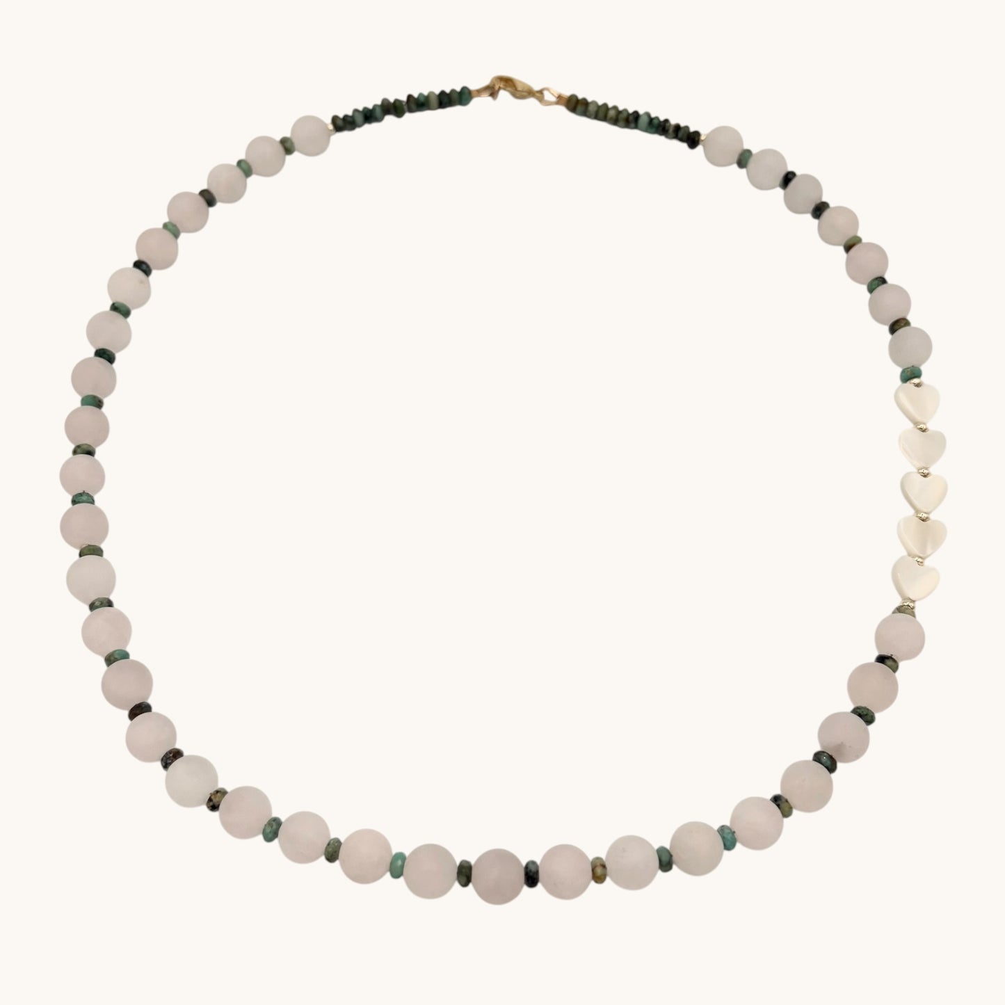 Rose Quartz Necklace with African Turquoise & Mother of Pearl Hearts | 20” Gold-Filled