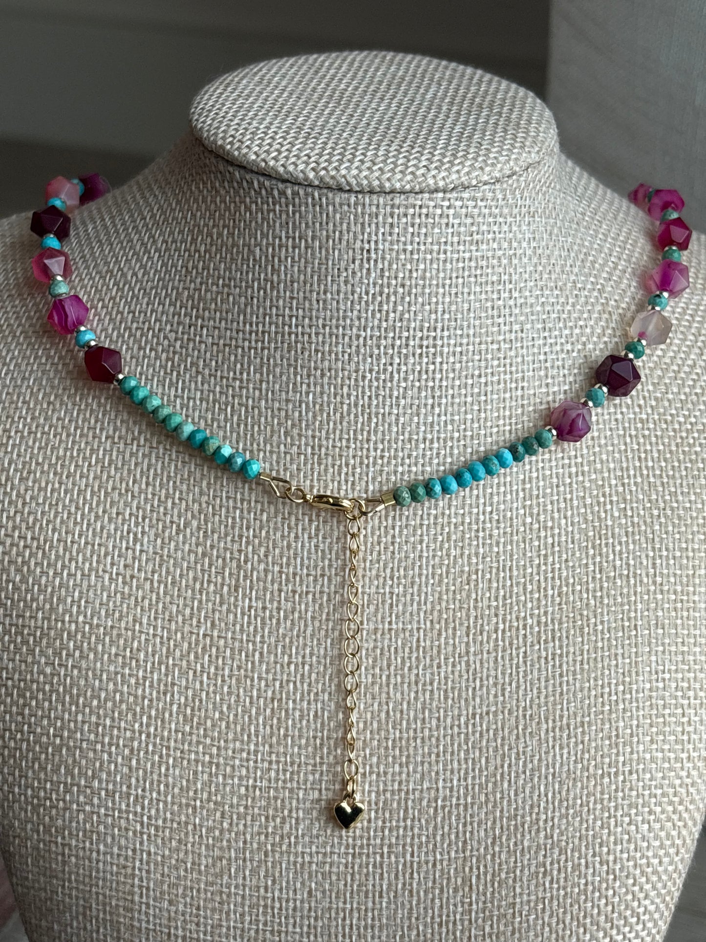 Ruby Pink Line Agate Star-Cut Necklace with Turquoise & 18K Gold-Filled Findings