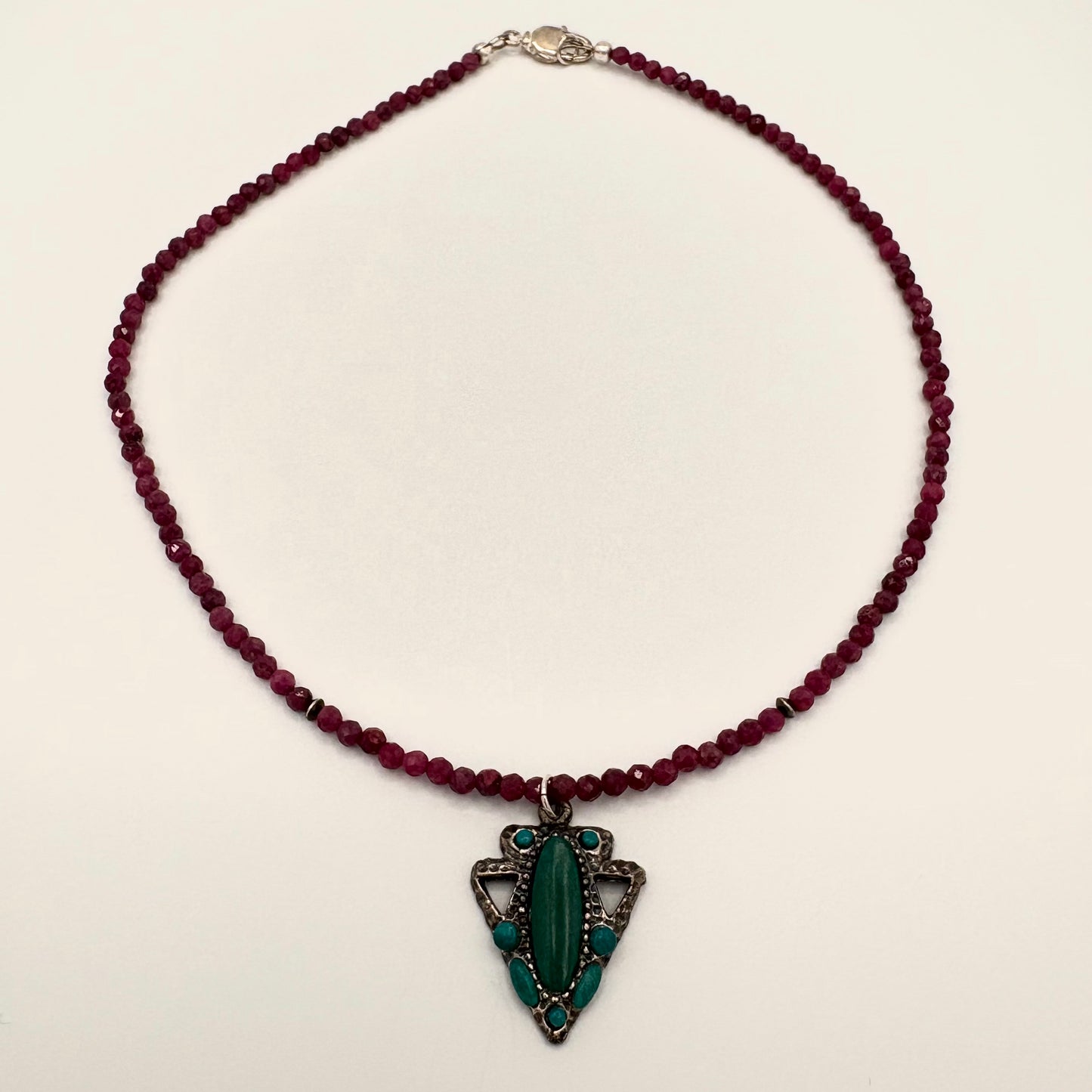 Ruby Bead Necklace with Vintage Sterling Silver Arrowhead Pendant & Turquoise Accents (16.5”)