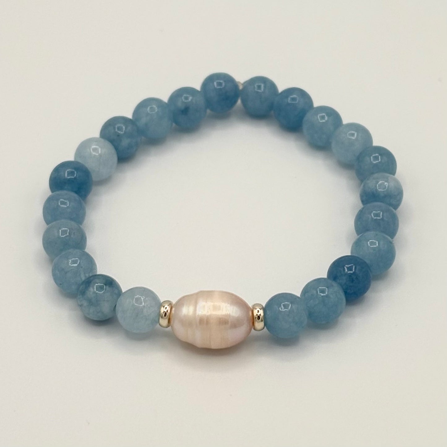 Blue Jade, Freshwater Pearl & Gold-Filled Kids Stretch Bracelet