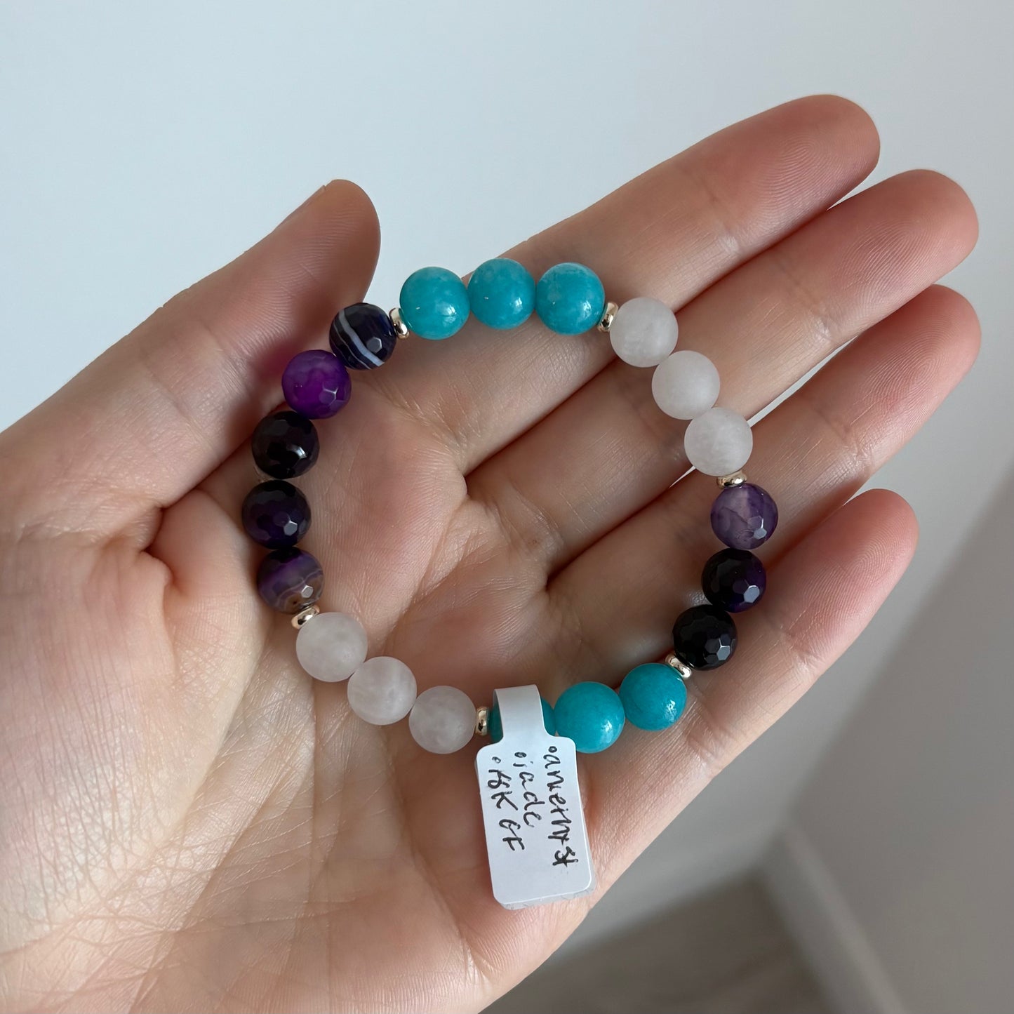 Amethyst, White Jade & Blue Quartz Stretch Bracelet with 18k Gold-Filled Spacers