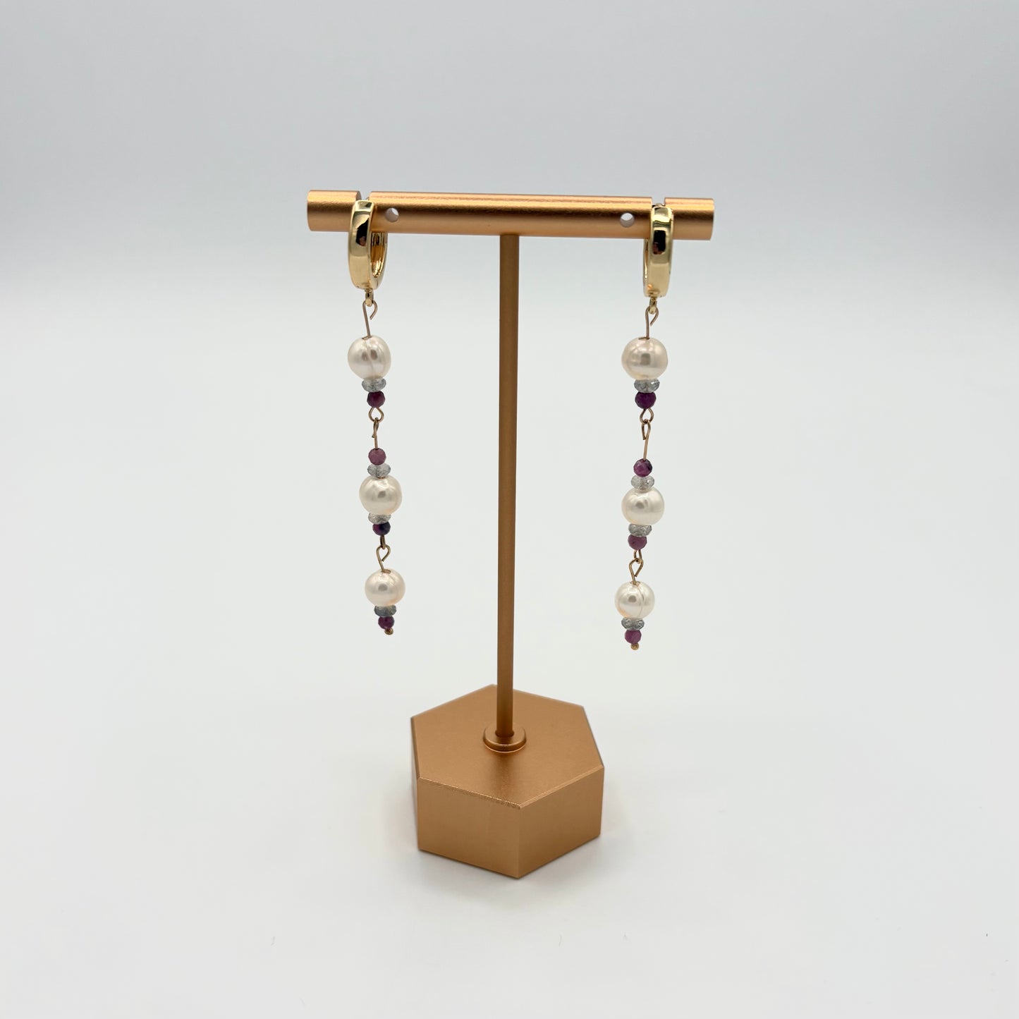 18k Gold Filled Freshwater Pearl, Tourmaline & Labradorite Drop Huggies
