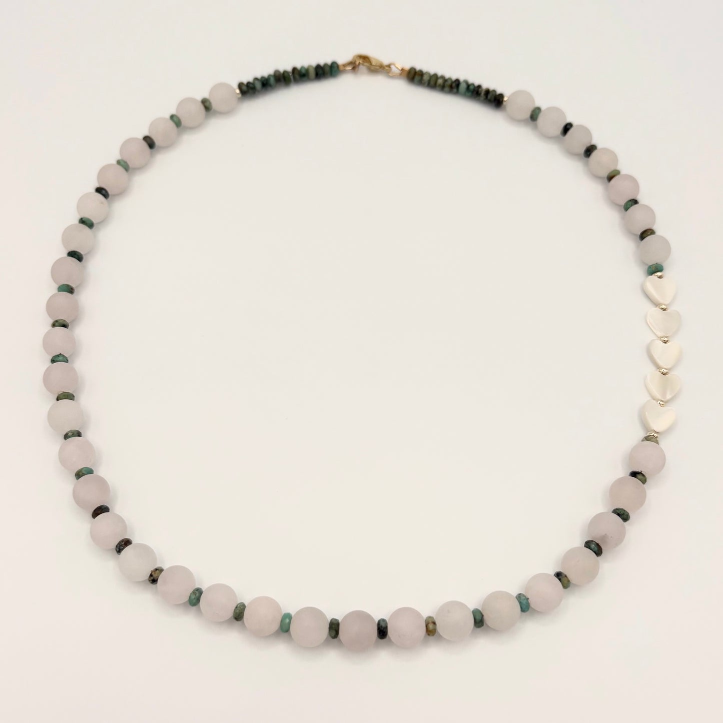 Rose Quartz Necklace with African Turquoise & Mother of Pearl Hearts | 20” Gold-Filled