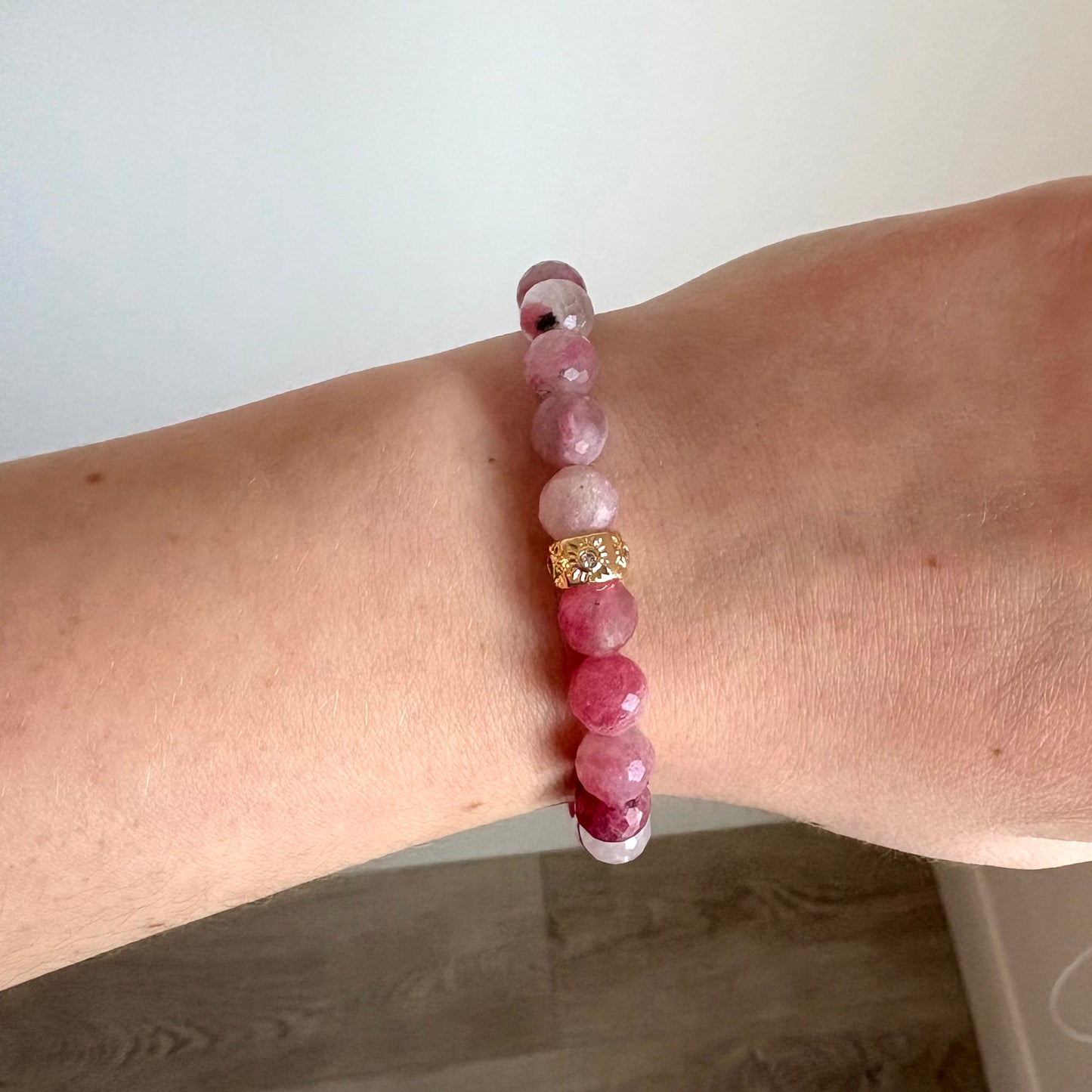 Rhodonite in Quartz Stretch Bracelet with 24k Gold-Filled & CZ Sun Spacer
