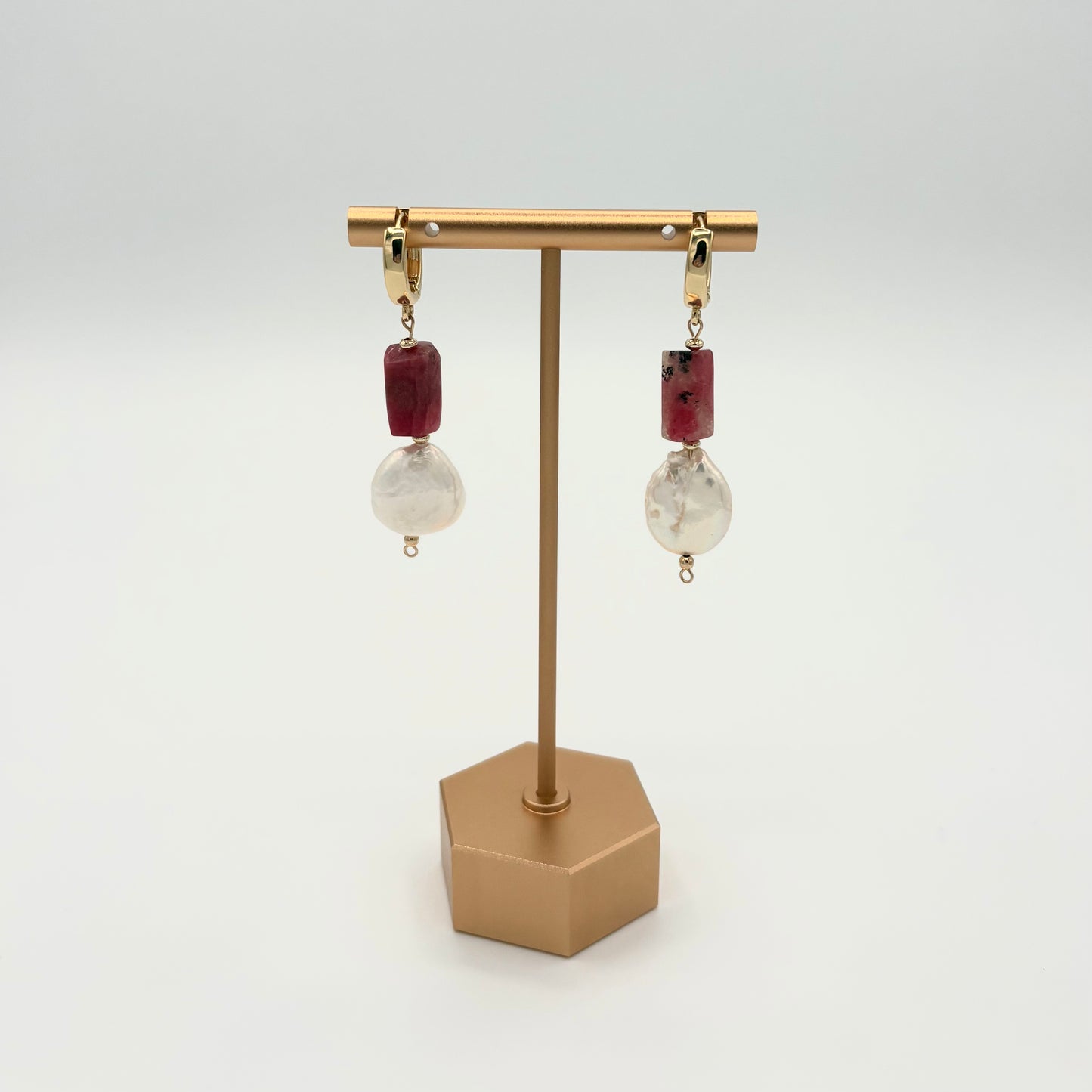 18k Gold-Filled Rhodonite & Freshwater Pearl Huggie Hoop Earrings