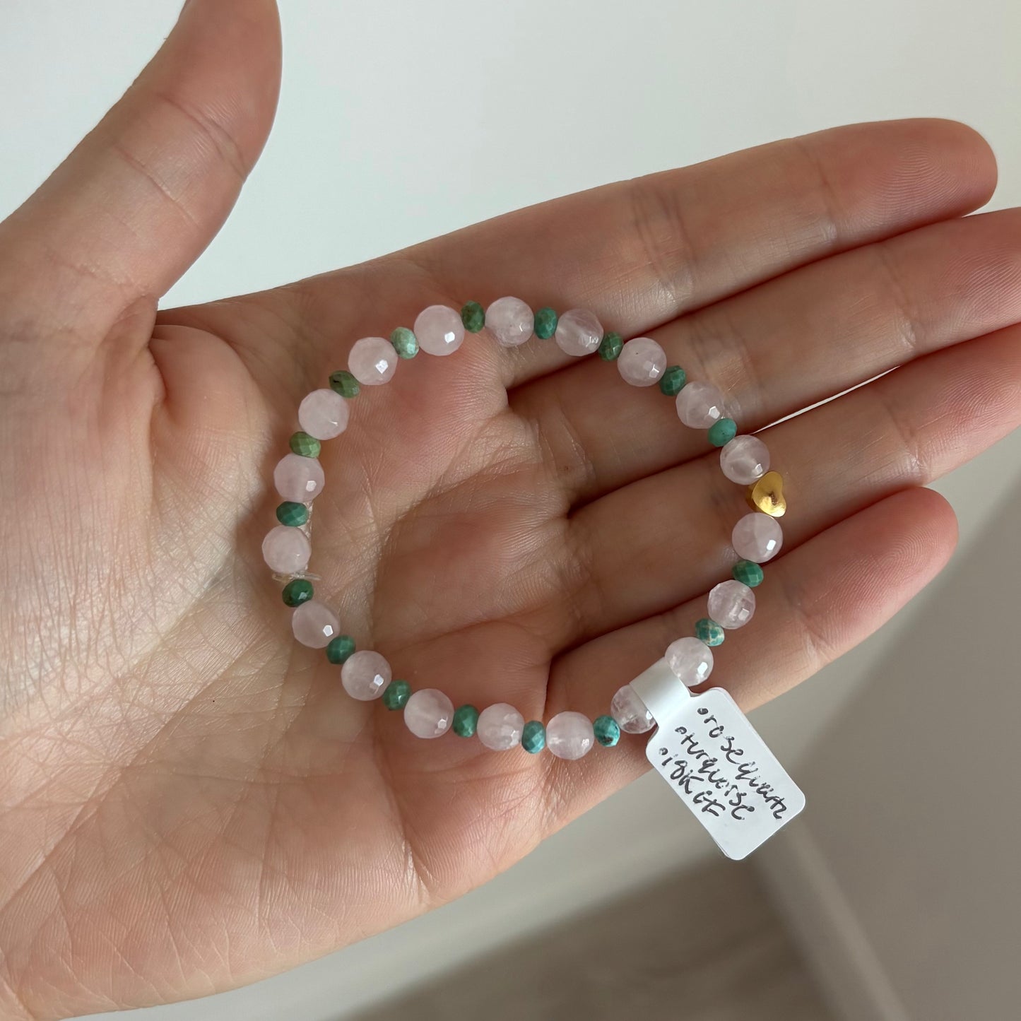 Rose Quartz & Turquoise Stretch Bracelet with 18k Gold-Filled Heart Spacer