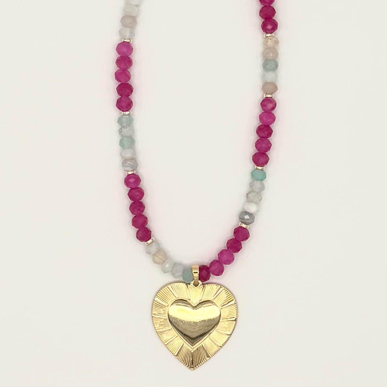 Aqua Agate & Ruby Jade Necklace with 18k Gold-Filled Heart Pendant