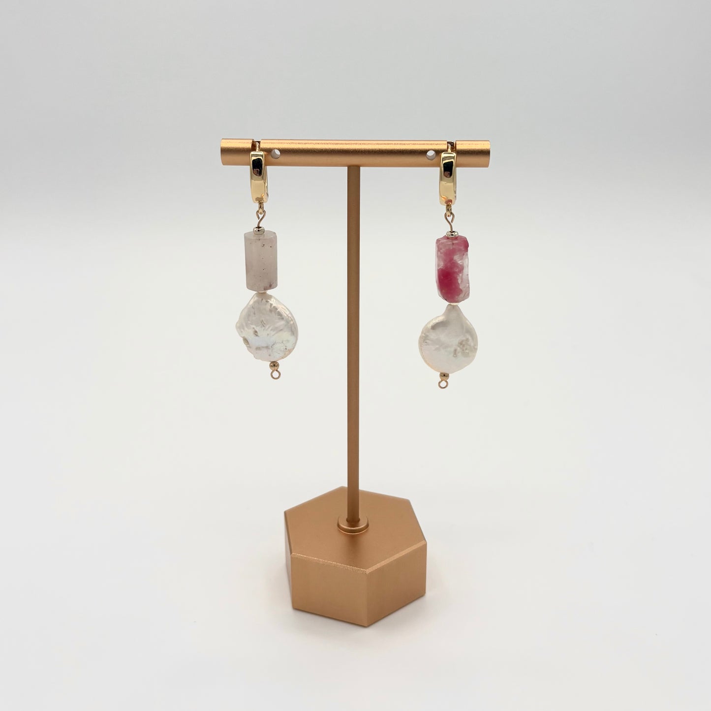 18k Gold-Filled Rhodonite & Freshwater Pearl Huggie Hoop Earrings