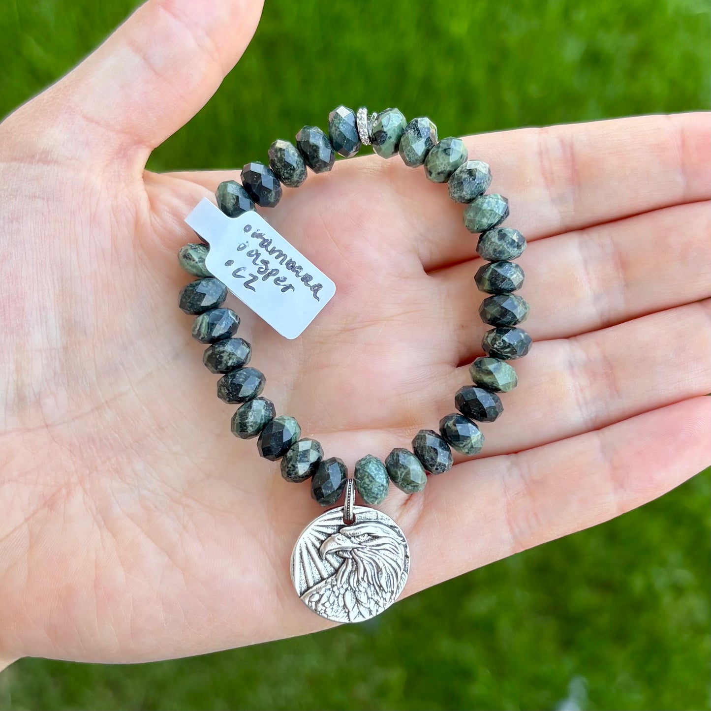 Green & Black Jasper Football Fan Stretch Bracelet | Rhodium Eagle Coin Charm