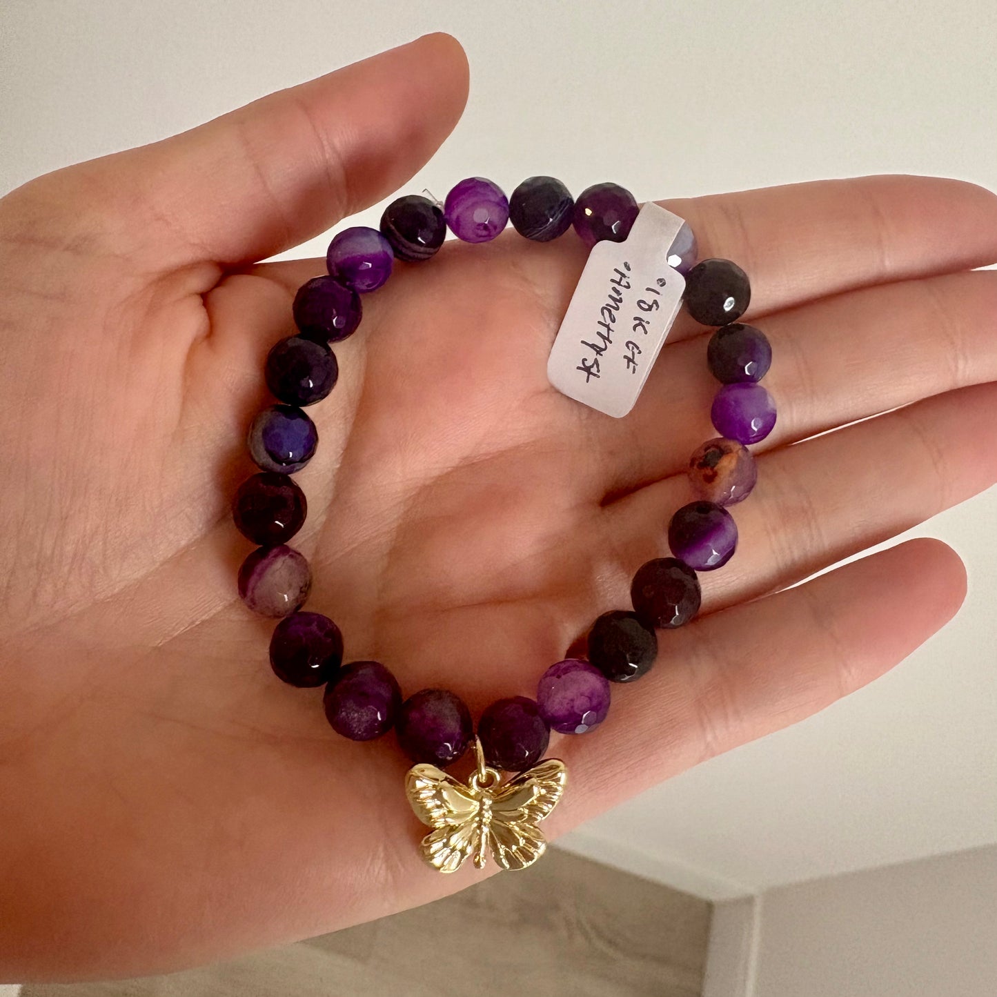 Amethyst Stretch Bracelet with 18k Gold-Filled Butterfly Charm
