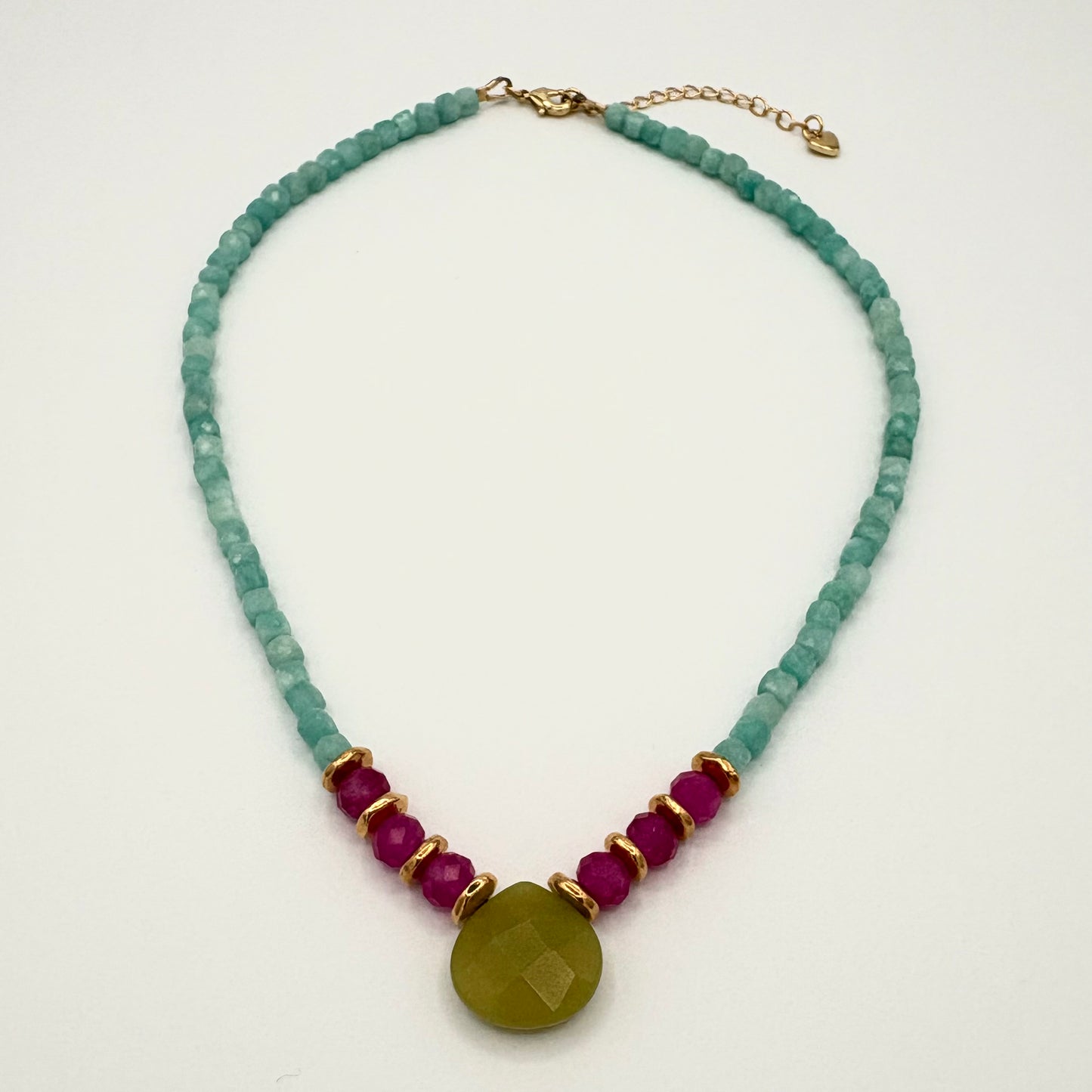 Amazonite Necklace with Teardrop Peridot Jade Pendant & Magenta Sardonyx Accents with Gold-Filled Puffy Heart Extender (15–17”)