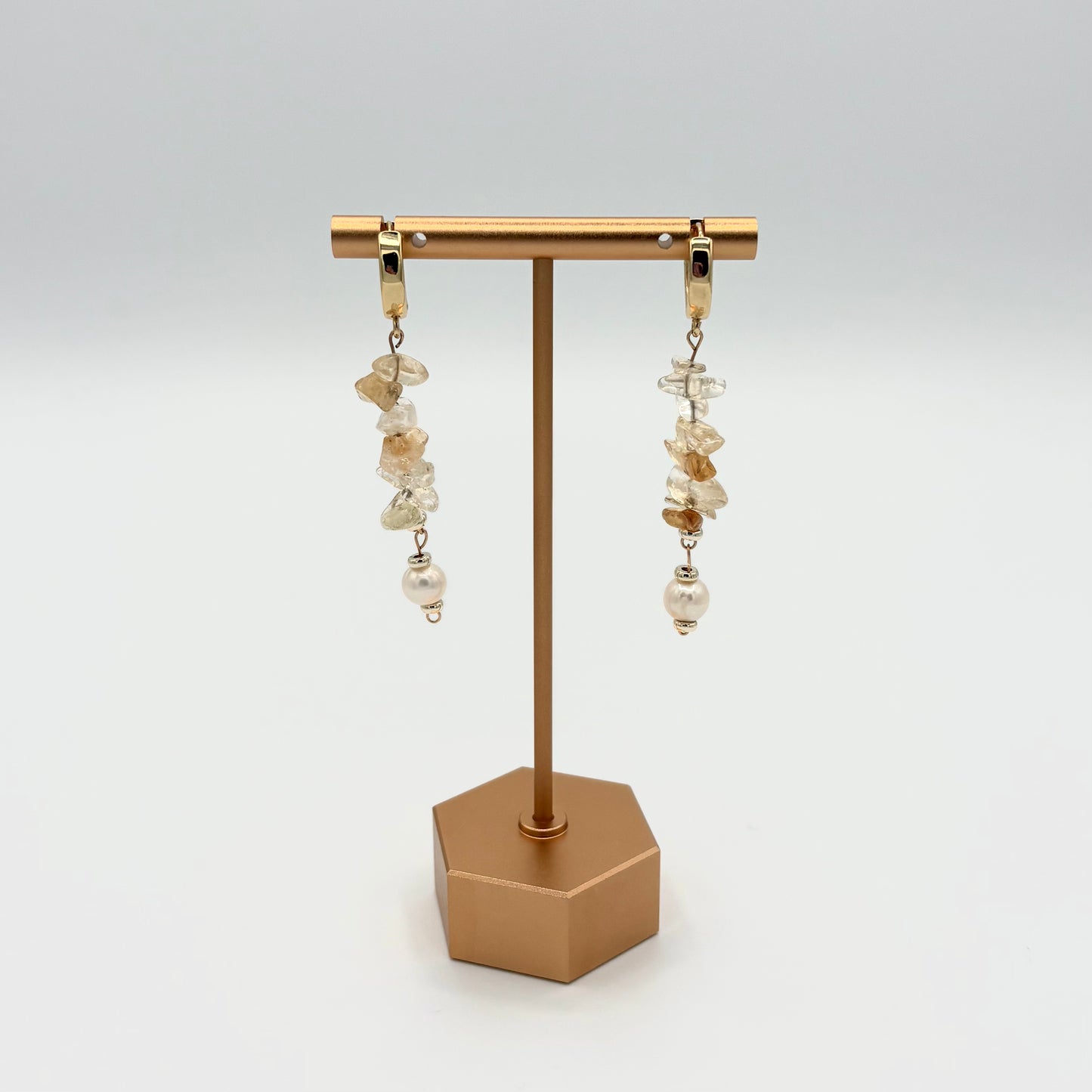 18k Gold-Filled Citrine & Freshwater Pearl Huggie Hoop Dangle Earrings