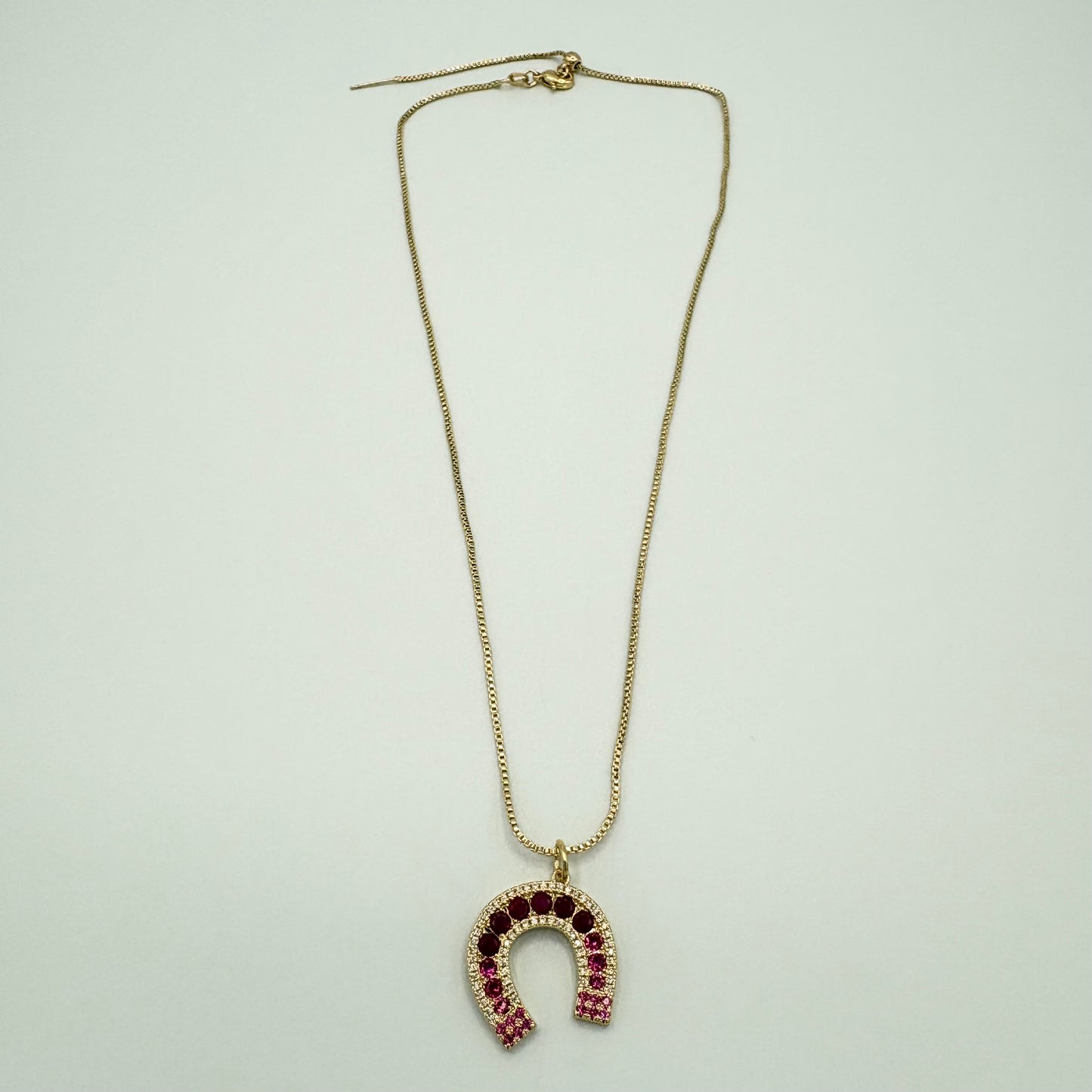 24K Gold-Filled Adjustable Box Chain Necklace with CZ Horseshoe Pendant