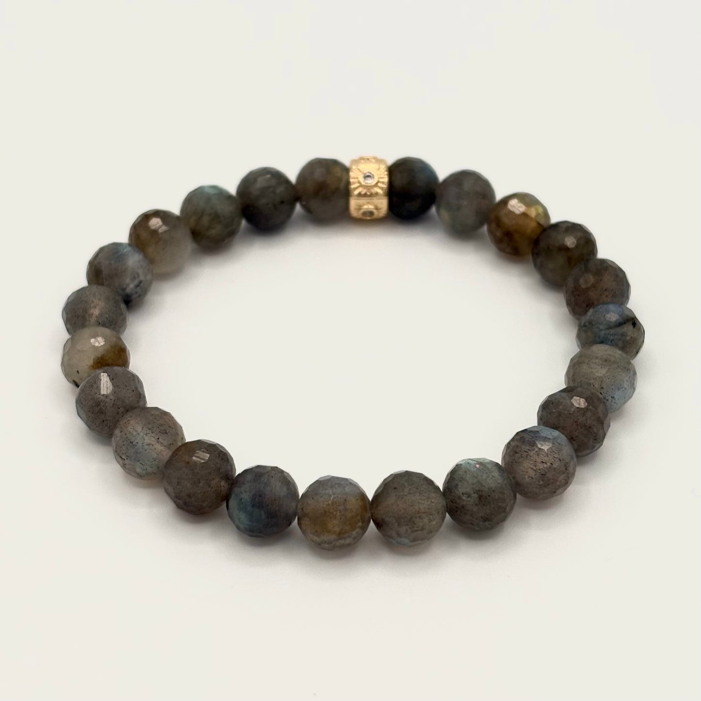Faceted Labradorite Bracelet with Celestial Sun Charm – 6.5mm Gemstone Stretch