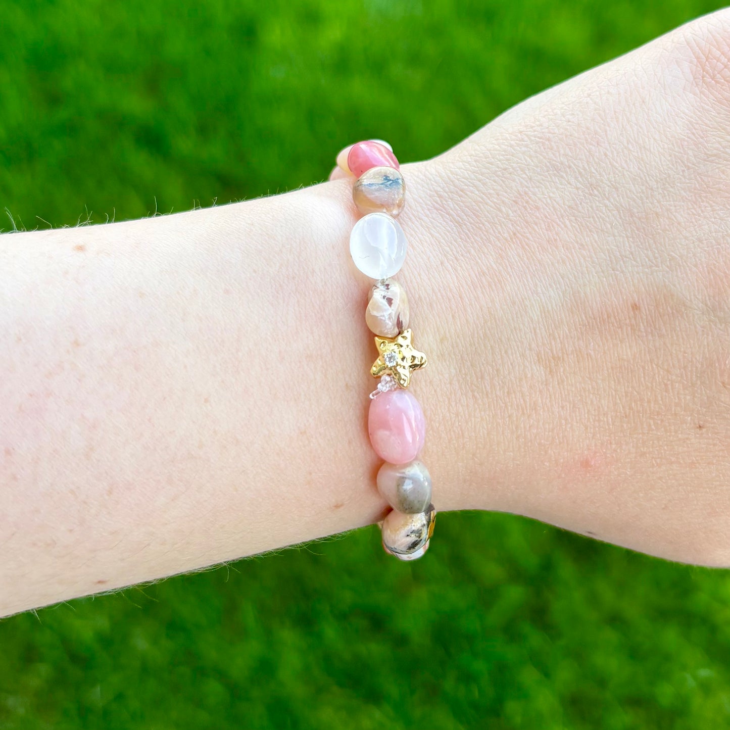 Pink Opal Starfish Stretch Bracelet | 24K Gold Filled CZ Accent