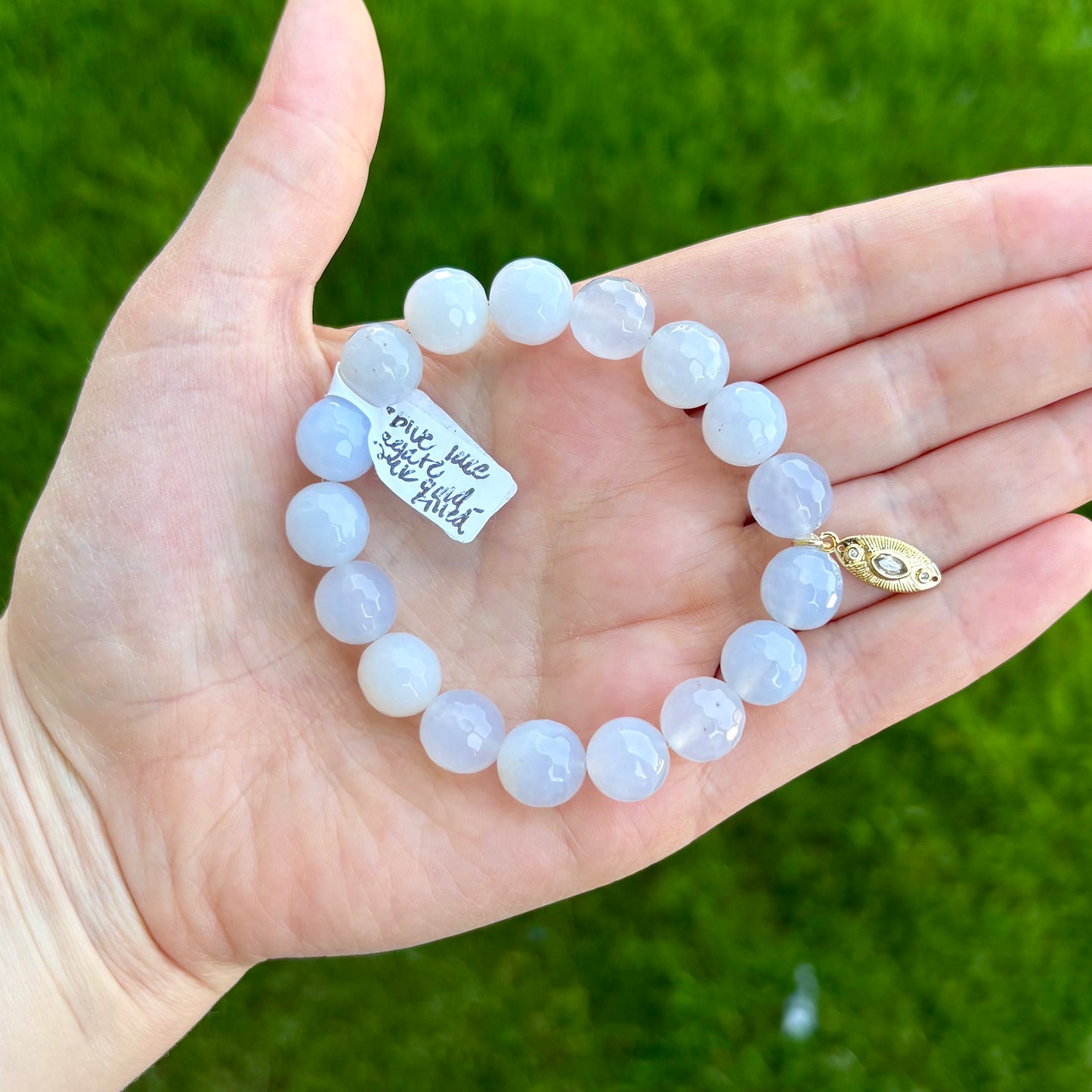Blue Lace Agate Evil Eye Stretch Bracelet | 24K Gold Filled Charm