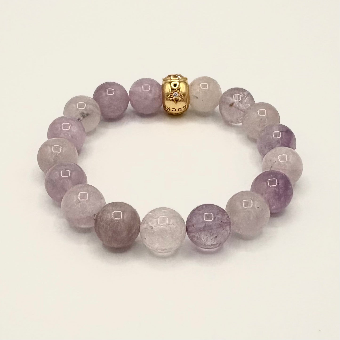Lavender Amethyst “Good Luck” Bracelet – 10mm Gemstone Stretch with Gold Horseshoe Charm