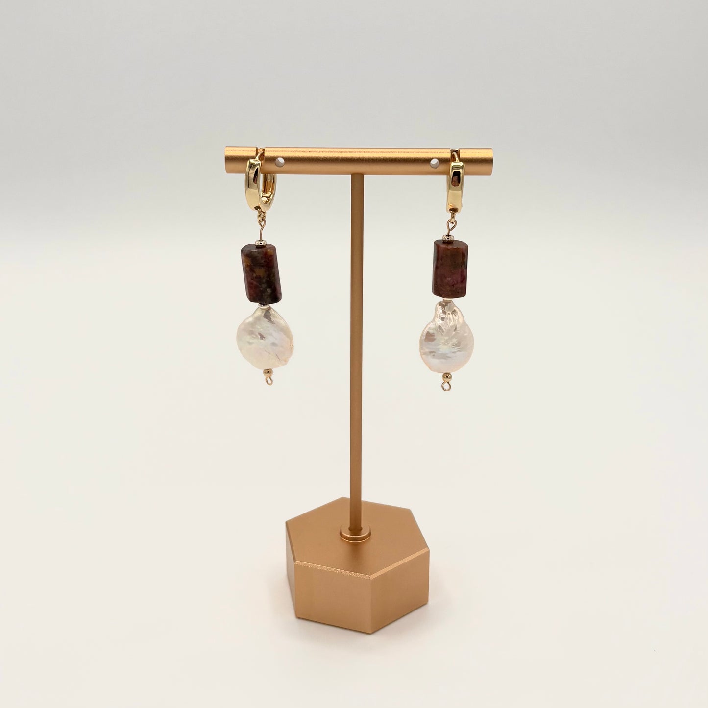 18k Gold-Filled Rhodonite & Freshwater Pearl Huggie Hoop Earrings