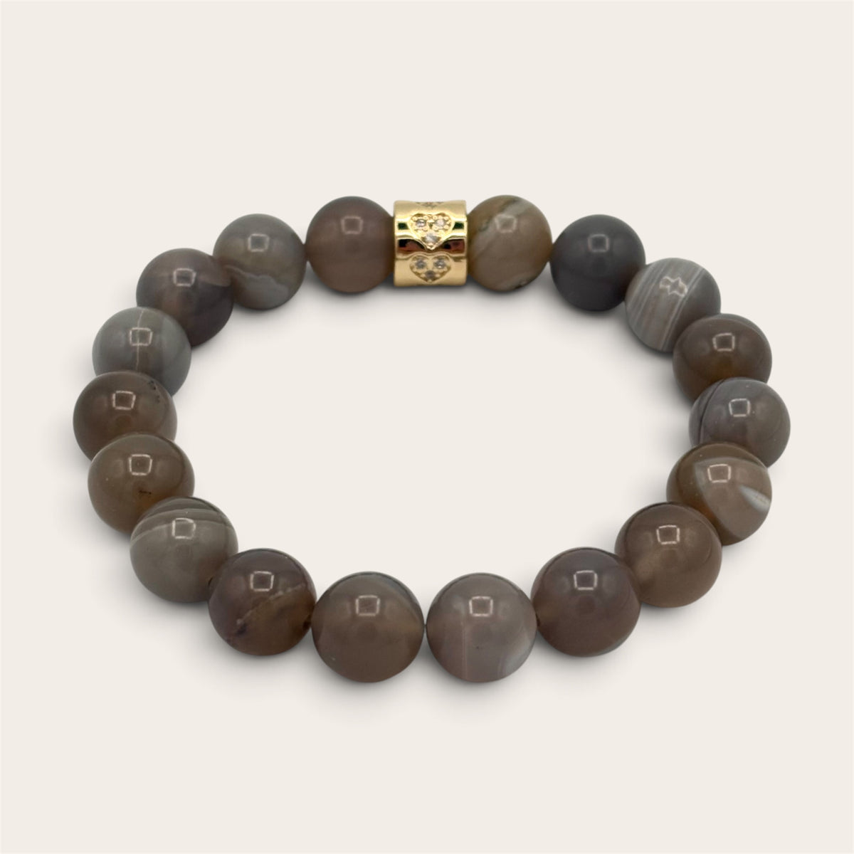 Striped Grey Agate Heart Stretch Bracelet | 24K Gold Filled CZ Spacer