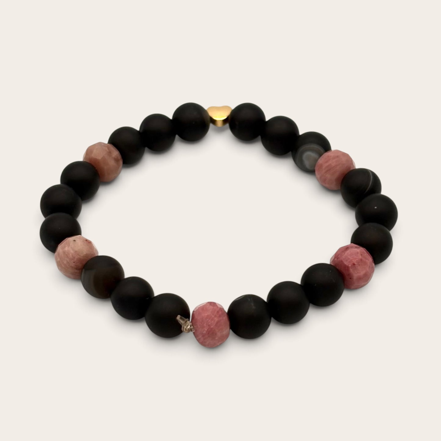 Sardonyx & Rhodonite Stretch Bracelet with 18k Gold-Filled Heart Spacer