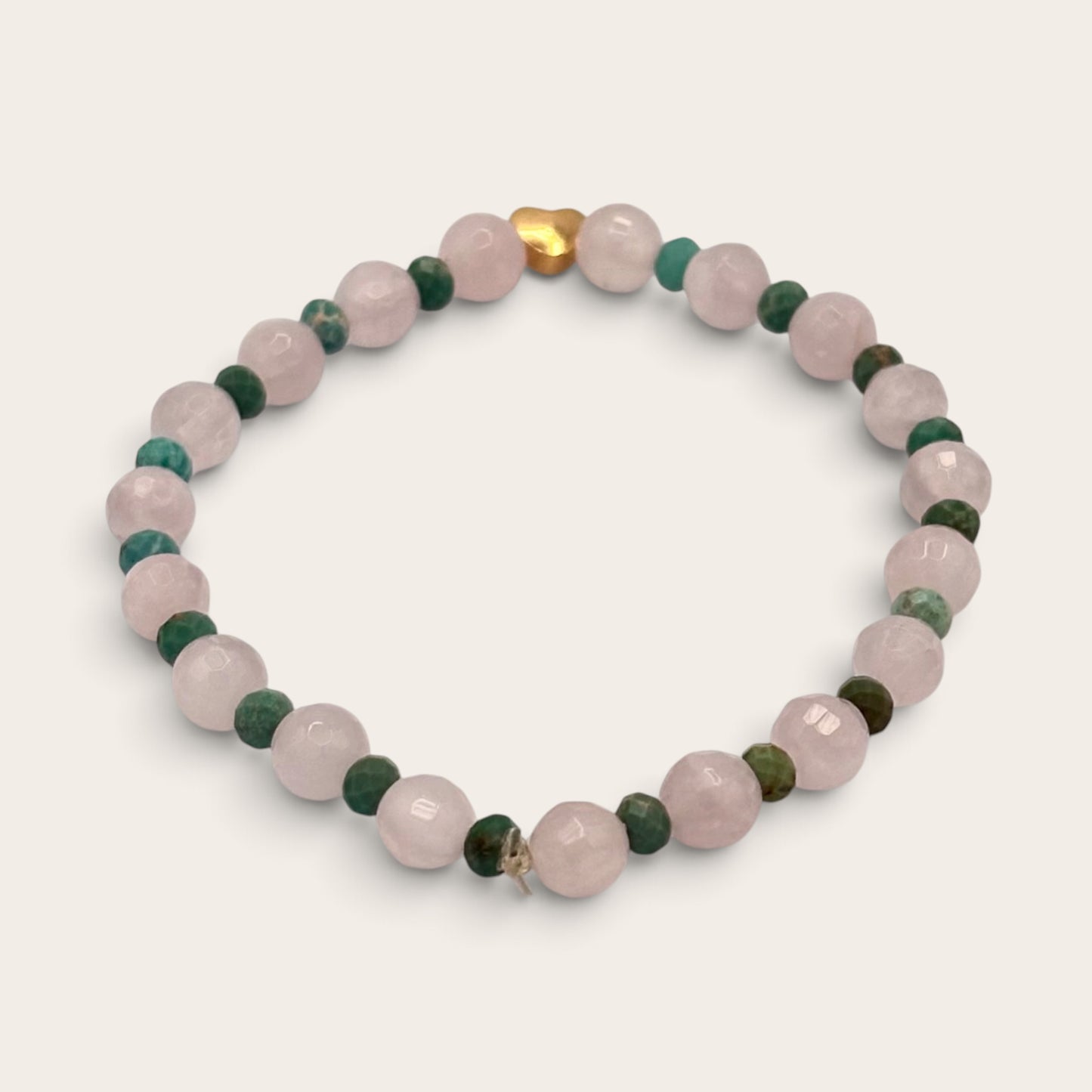 Rose Quartz & Turquoise Stretch Bracelet with 18k Gold-Filled Heart Spacer