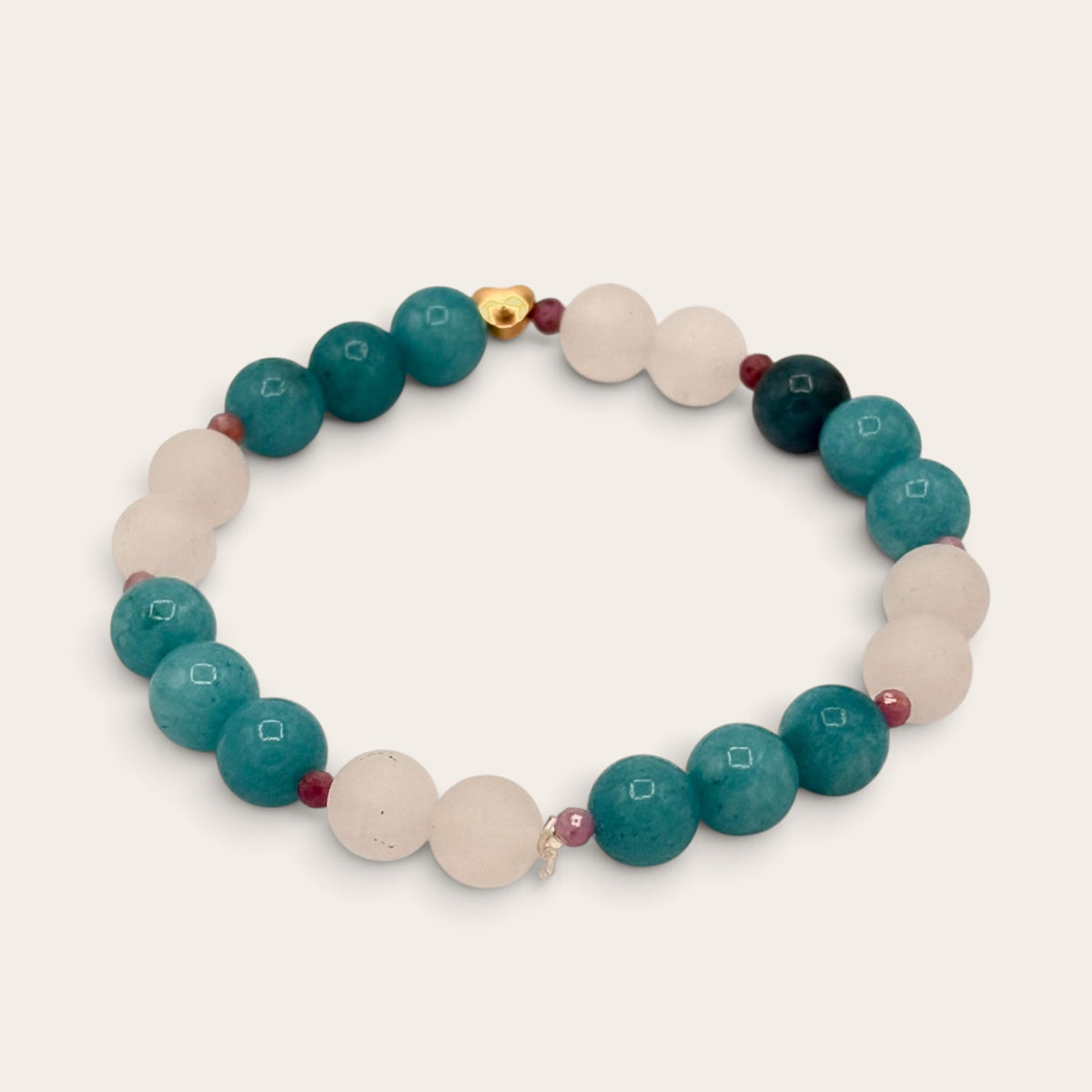 Blue Quartz, Tourmaline & White Jade Stretch Bracelet with 18k Gold-Filled Heart Spacer