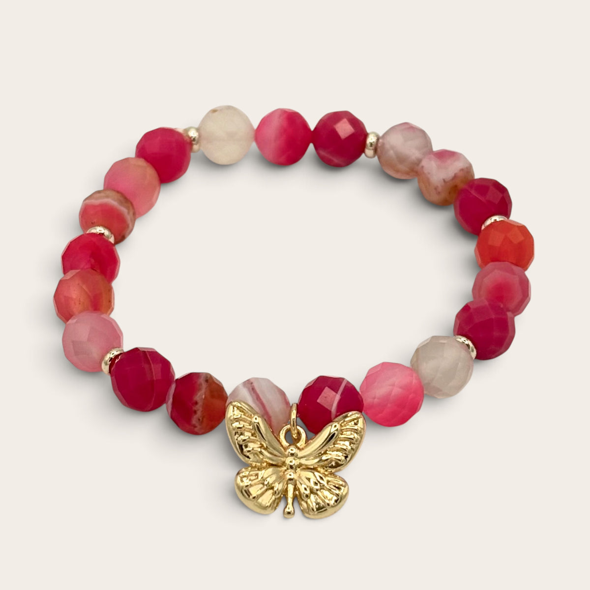Magenta Sardonyx Stretch Bracelet with 24k Gold-Filled Butterfly Charm