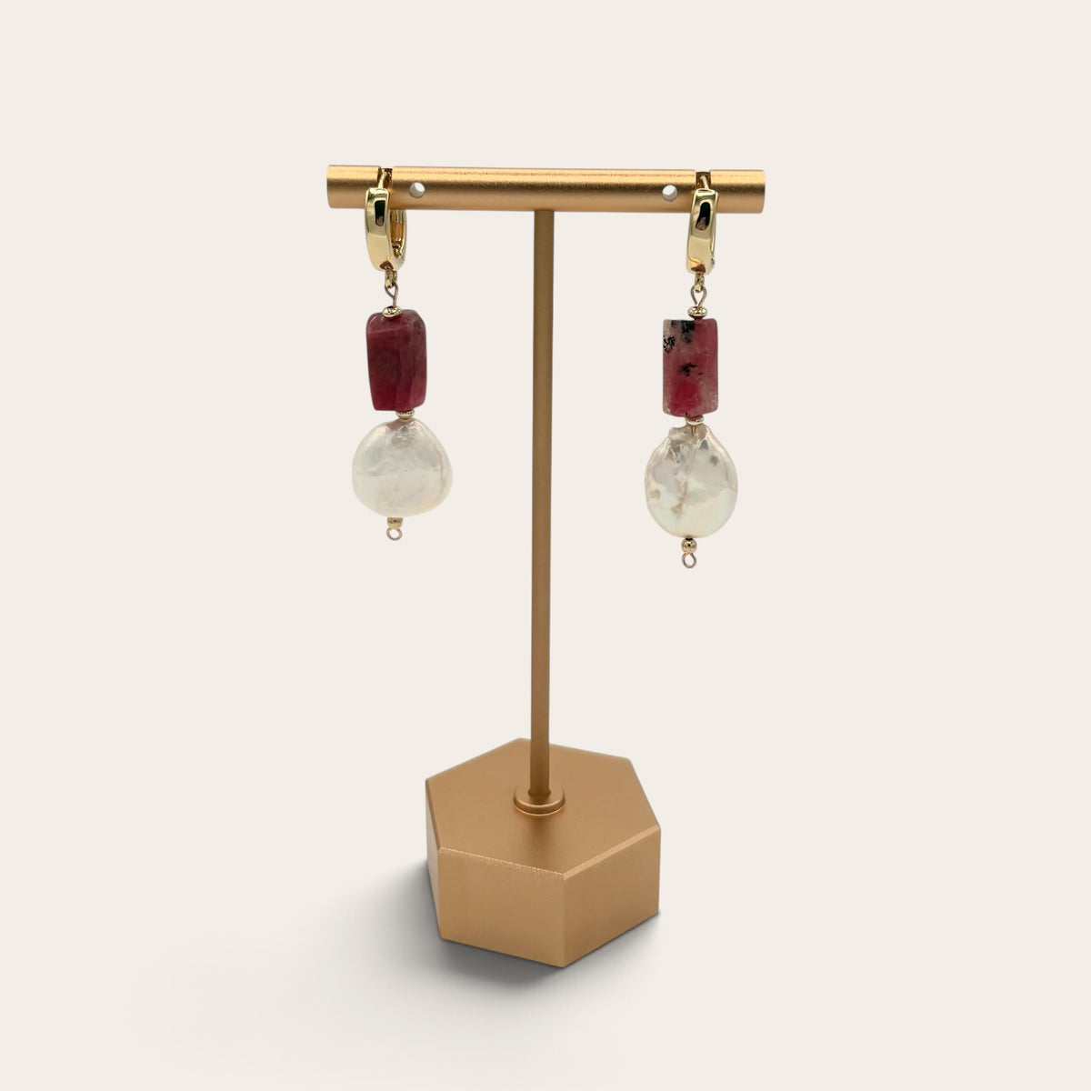 18k Gold-Filled Rhodonite & Freshwater Pearl Huggie Hoop Earrings