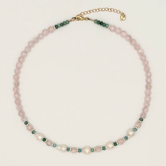 Rose Quartz & Turquoise Necklace | Freshwater Pearls & 18K Gold-Filled Details