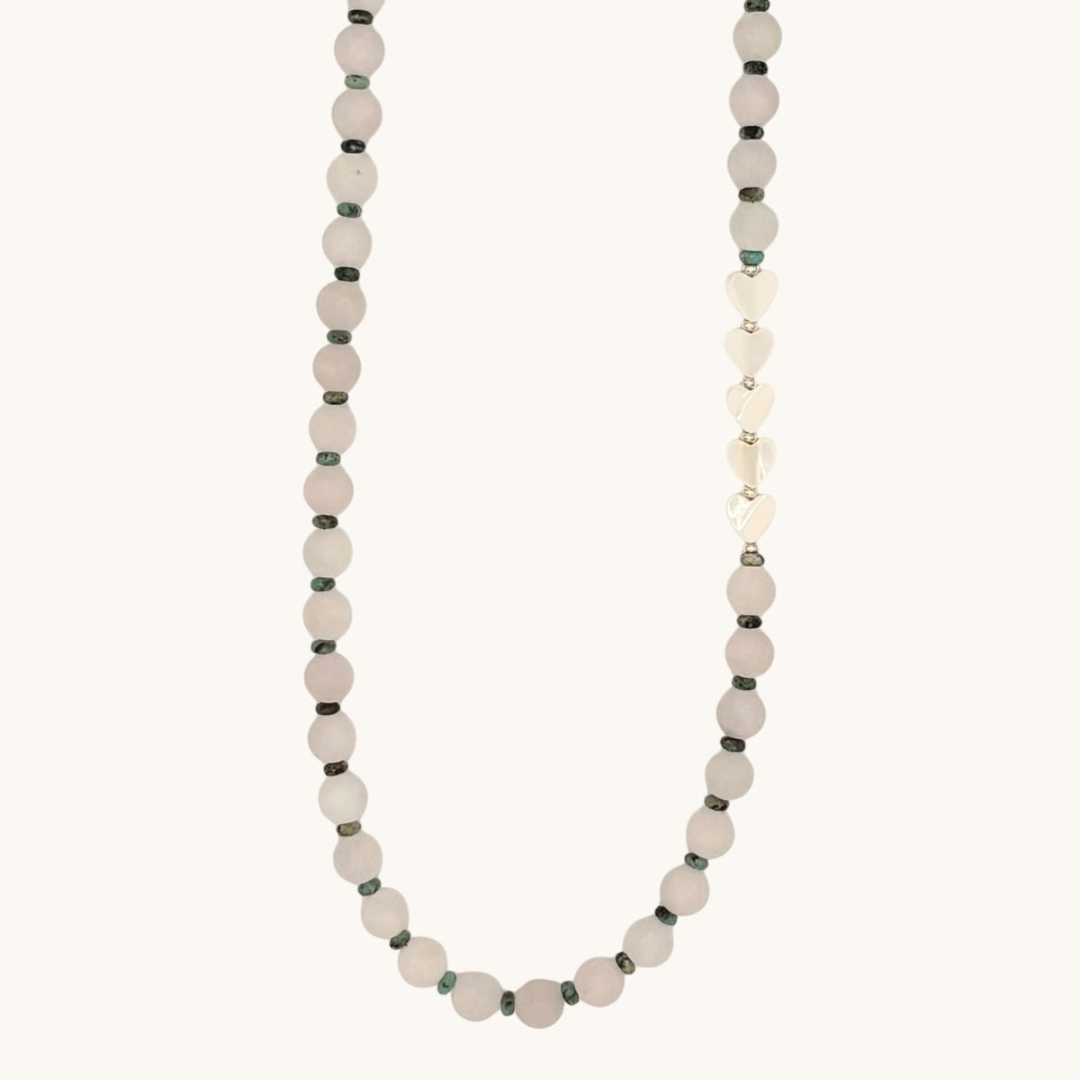 Rose Quartz Necklace with African Turquoise & Mother of Pearl Hearts | 20” Gold-Filled