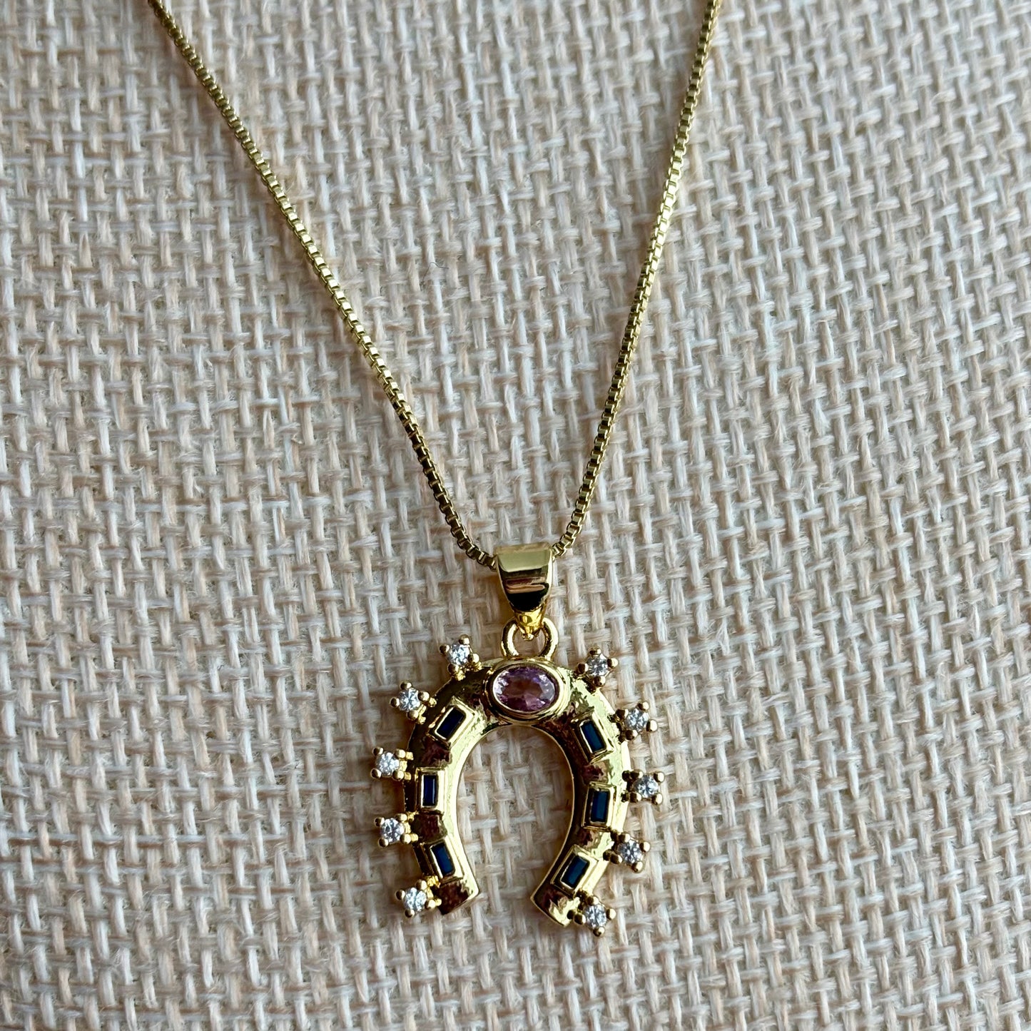 24K Gold-Filled Multicolor CZ Horseshoe Necklace on Adjustable Box Chain