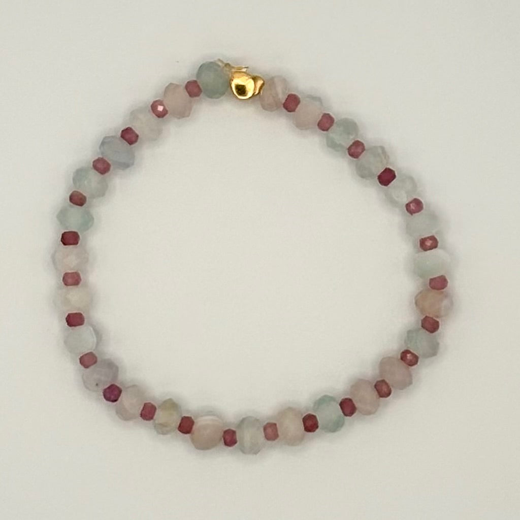 Aqua Agate & Tourmaline Stretch Bracelet with 18k Gold-Filled Heart Spacer