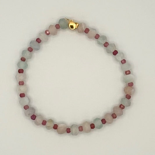 Aqua Agate & Tourmaline Stretch Bracelet with 18k Gold-Filled Heart Spacer