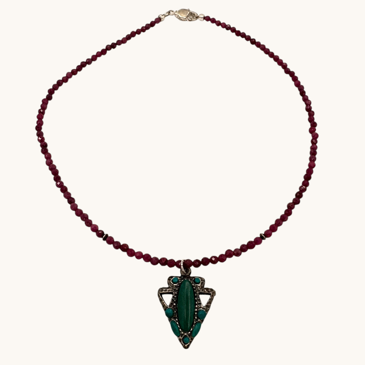 Ruby Bead Necklace with Vintage Sterling Silver Arrowhead Pendant & Turquoise Accents (16.5”)