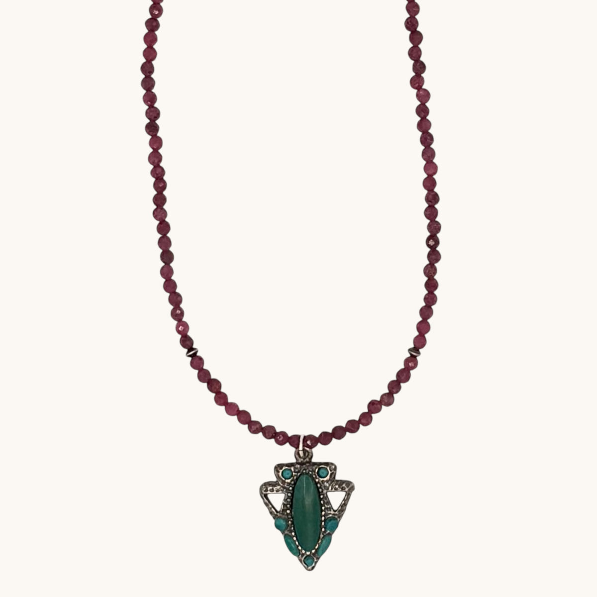 Ruby Bead Necklace with Vintage Sterling Silver Arrowhead Pendant & Turquoise Accents (16.5”)