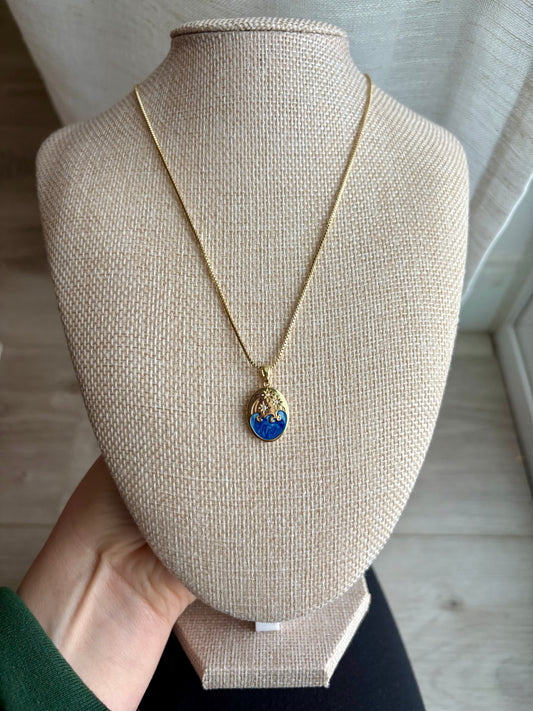 24K Gold-Filled Adjustable Chain Necklace with 18K Enamel Moon, Star & Sea Pendant (Clear CZ)