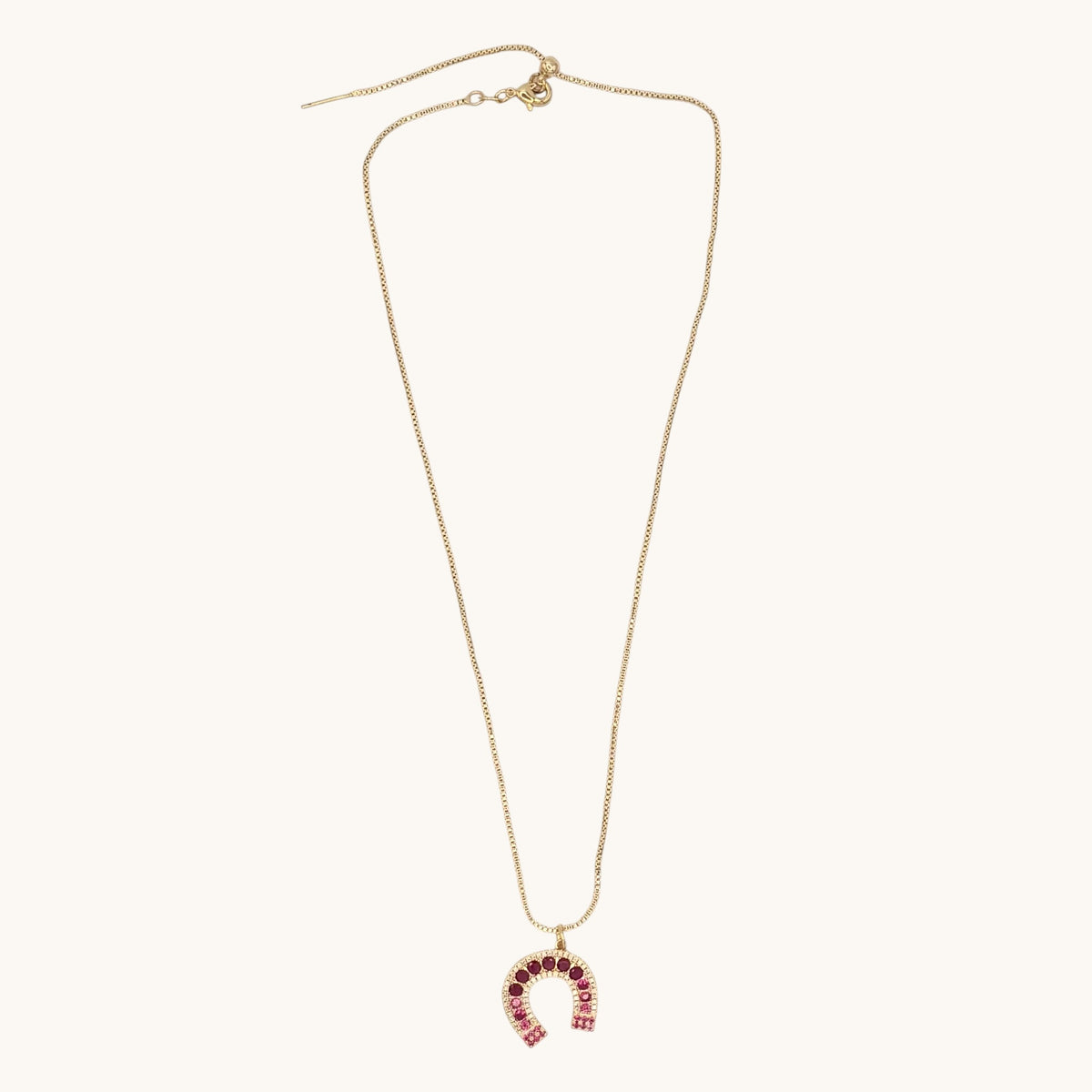 24K Gold-Filled Adjustable Box Chain Necklace with CZ Horseshoe Pendant