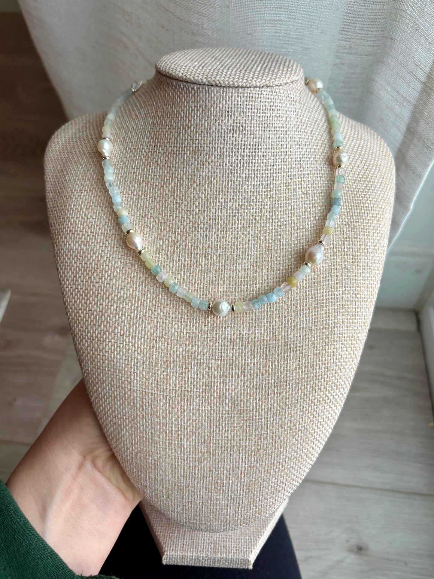 Morganite & Freshwater Pearl Necklace with 18K Gold-Filled Spacers